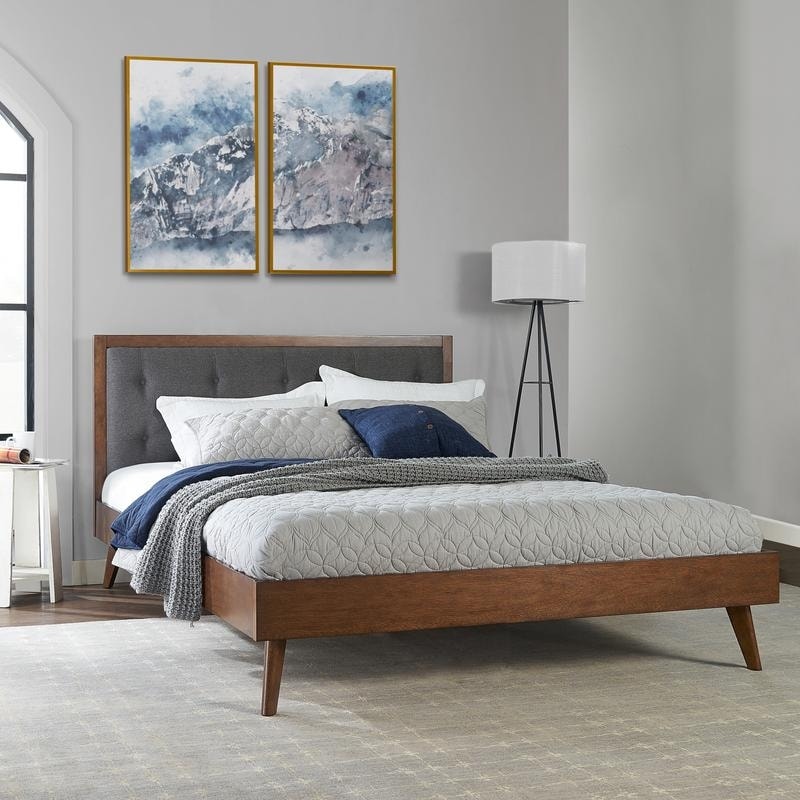 Mid Century Upholstered Brown Platform Queen Bed