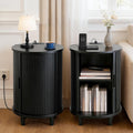 Mid Century Round Nightstand Set Of 2 With Charging Station Fluted Accent Side Table With Sliding Door Adjustable Shelf