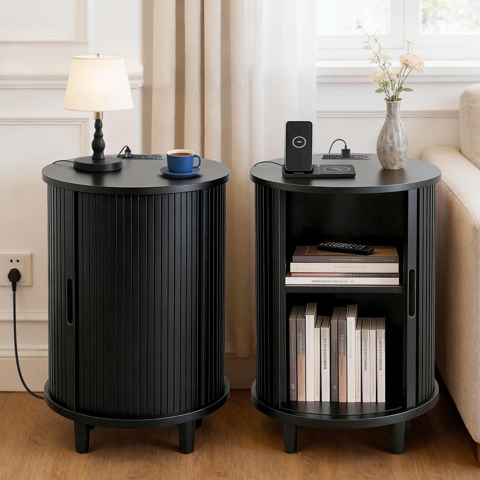 Mid Century Round Nightstand Set Of 2 With Charging Station Fluted Accent Side Table With Sliding Door Adjustable Shelf