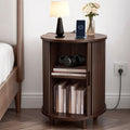 Mid Century Round Nightstand With Charging Station Fluted Accent Side Table With Sliding Door Adjustable Shelf
