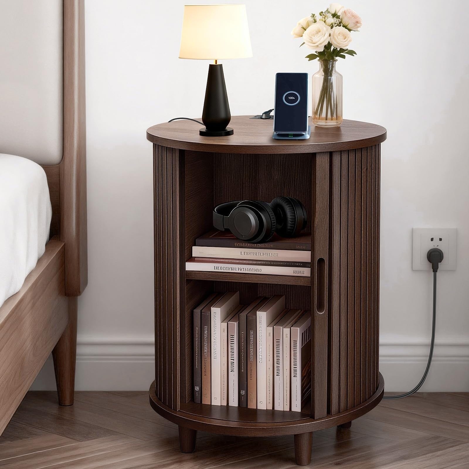 Mid Century Round Nightstand With Charging Station Fluted Accent Side Table With Sliding Door Adjustable Shelf