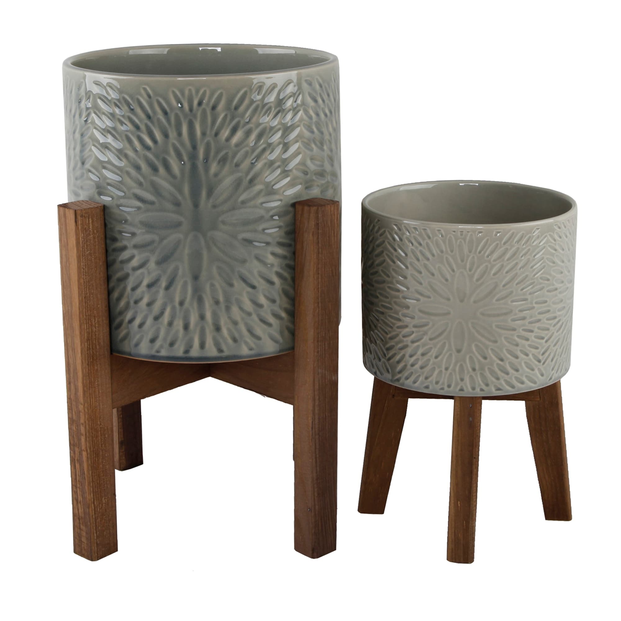 Mid Century Set Of 2 10 8 Sunburst Ceramic Planter On Wood Stand
