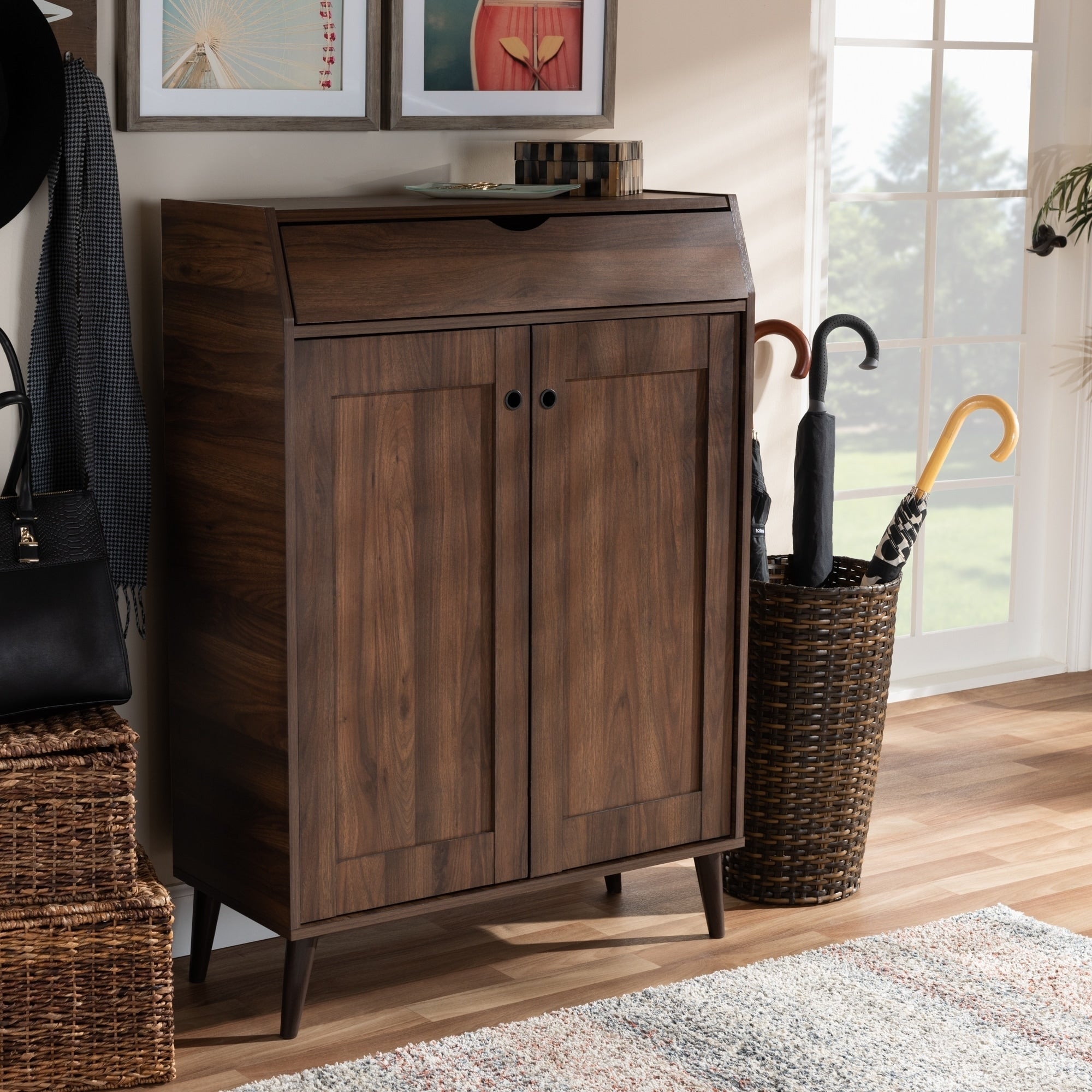 Mid Century Walnut Brown 2 Door Shoe Storage Cabinet