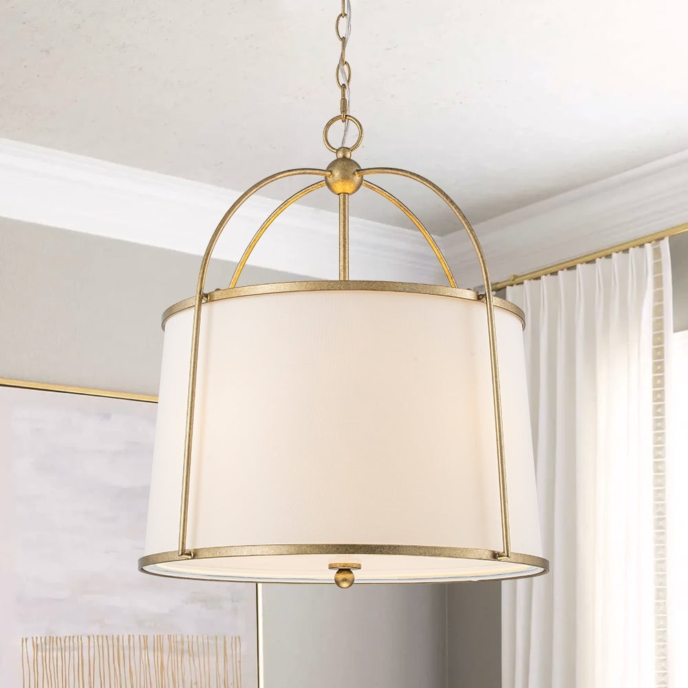 Mid Century White Fabric Round Drum Cage Pendant Ambient Light