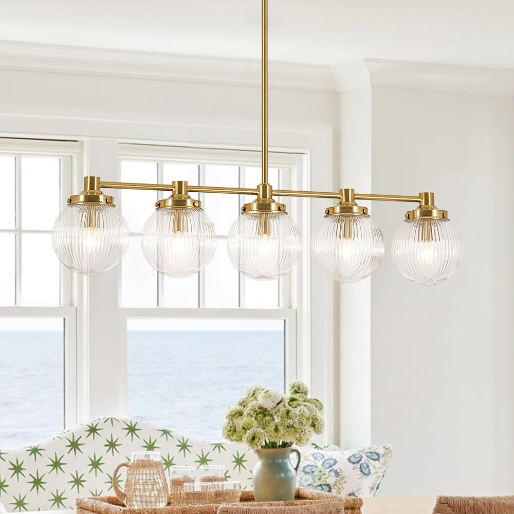 Mid Century 5 Light Striped Glass Linear Dining Chandelier 34.3 In