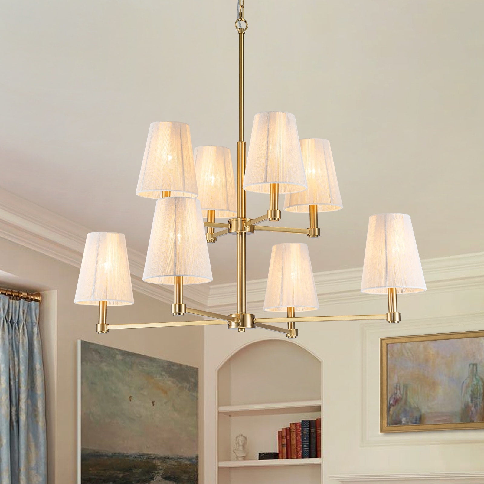 Mid Century Modern 8 Light Fabirc Cotton Chandelier For Dining And Living Room Gold