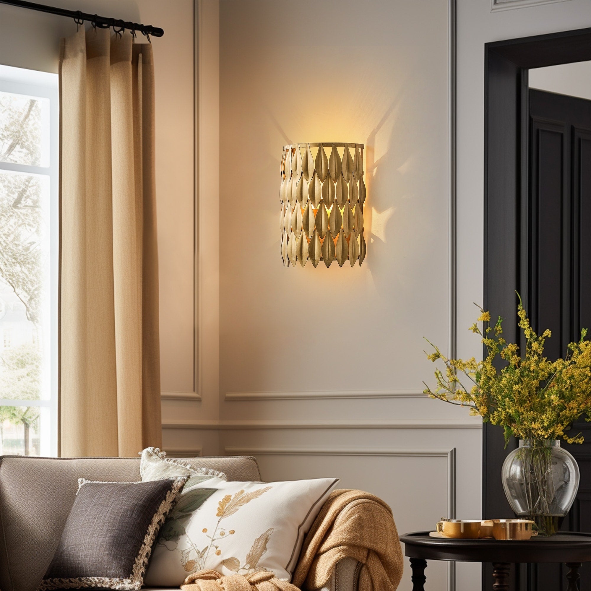 Mid Century Modern Antique Gold 1 Light Olive Leaf Wall Light For Bedroom
