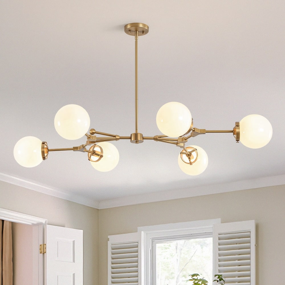Mid Century Opal Glass Sputnik 6 Light Linear Chandelier 47.2 In