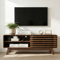 Midcentury Modern Tv Stand With Sliding Slatted Doors And Storage For Tvs Up To 50