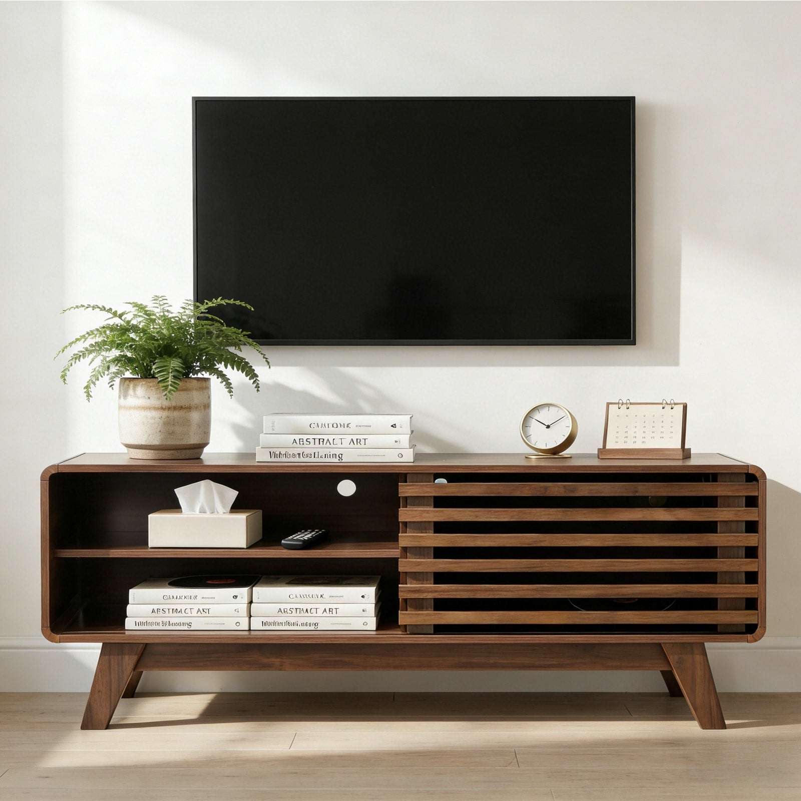 Midcentury Modern Tv Stand With Sliding Slatted Doors And Storage For Tvs Up To 50