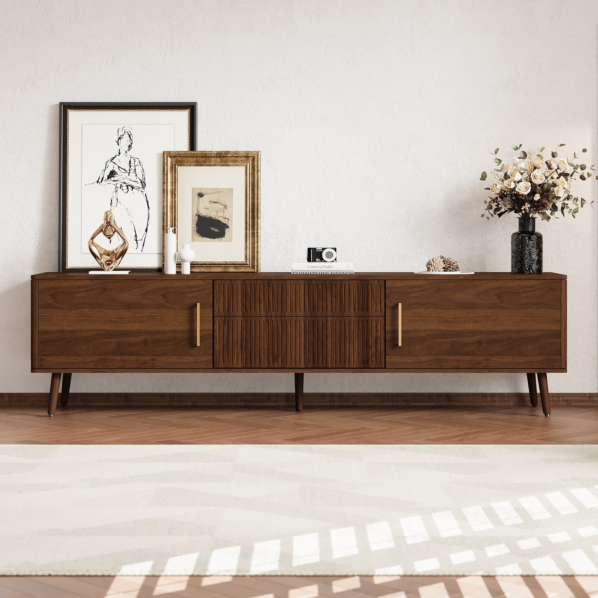 Midcentury Tv Stand With Drawers And Wood Legs For Tvs Up To 80 Inch