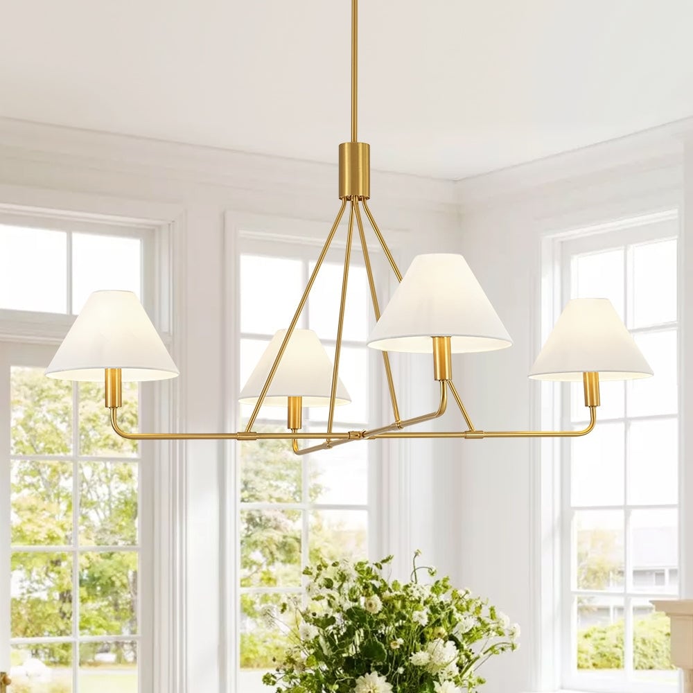 Midcentury 4 Light Conical Off White Linen Shade Chandelier 44.9 In