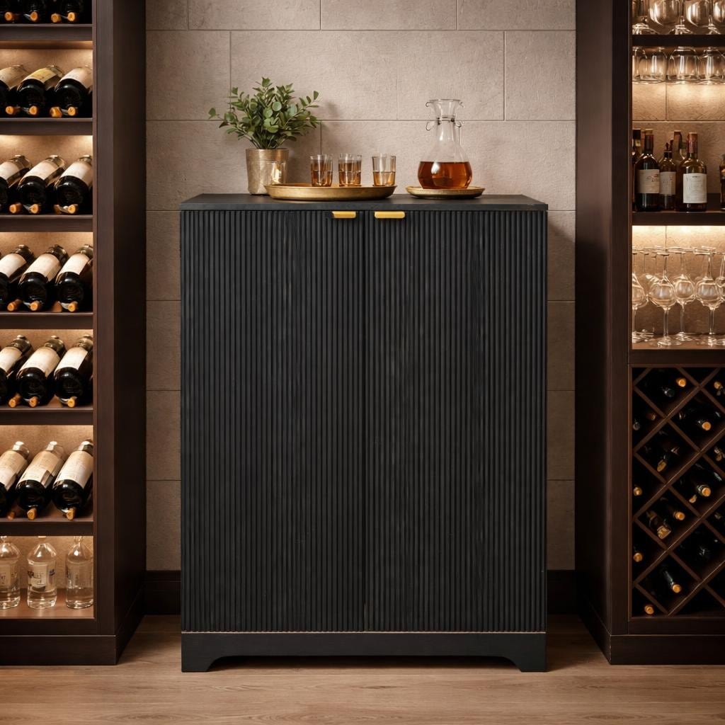 Midnight Fluted Wood Bar Cabinet With Wine Storage N A