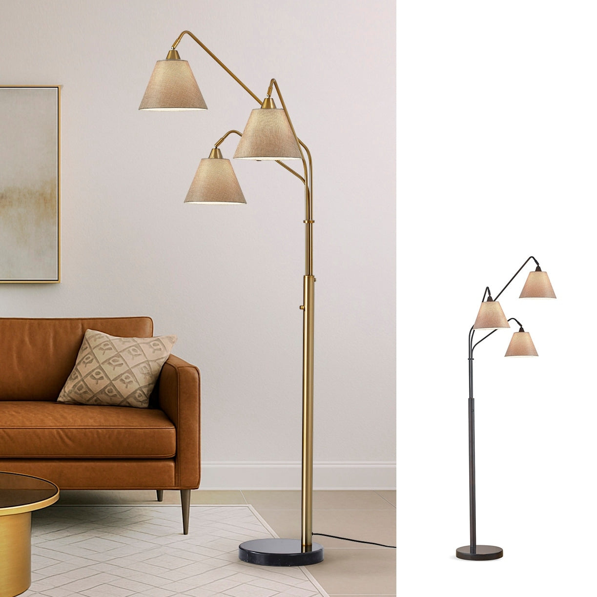 Homeglam Midtown Dark Bronze 84 Inch High 3 Light Arched Floor Lamp With Brown Linen Shades