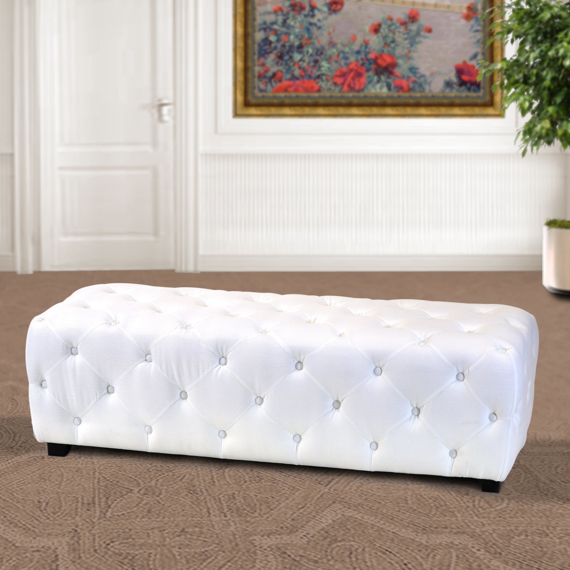 Mikome White Textile 51 Inch Tufted Bench Ottoman