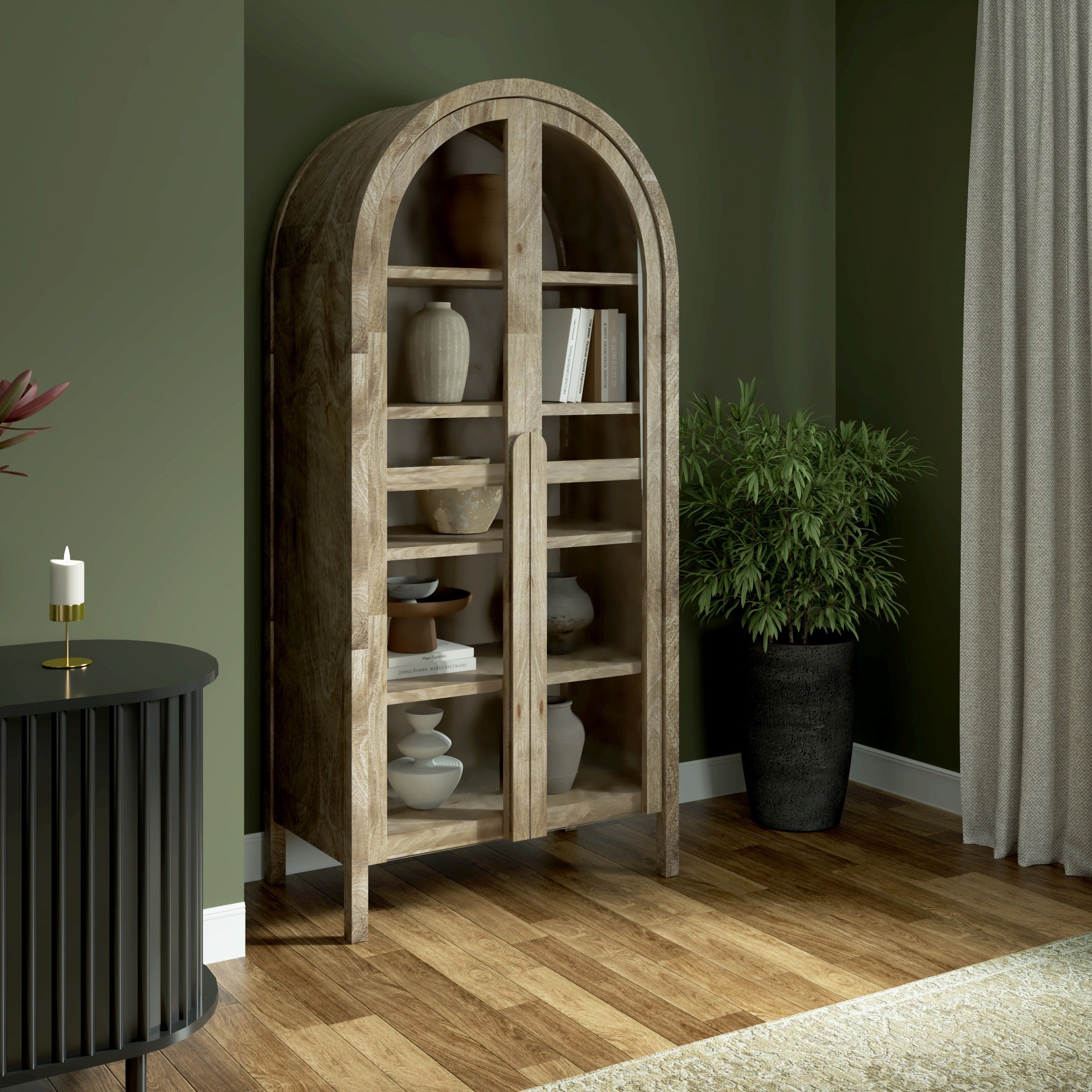 Mila Handmade Wood Glass Storage Cabinet By Sevita 36 W X 16 D X 80 H 36 W X 16 D X 80 H