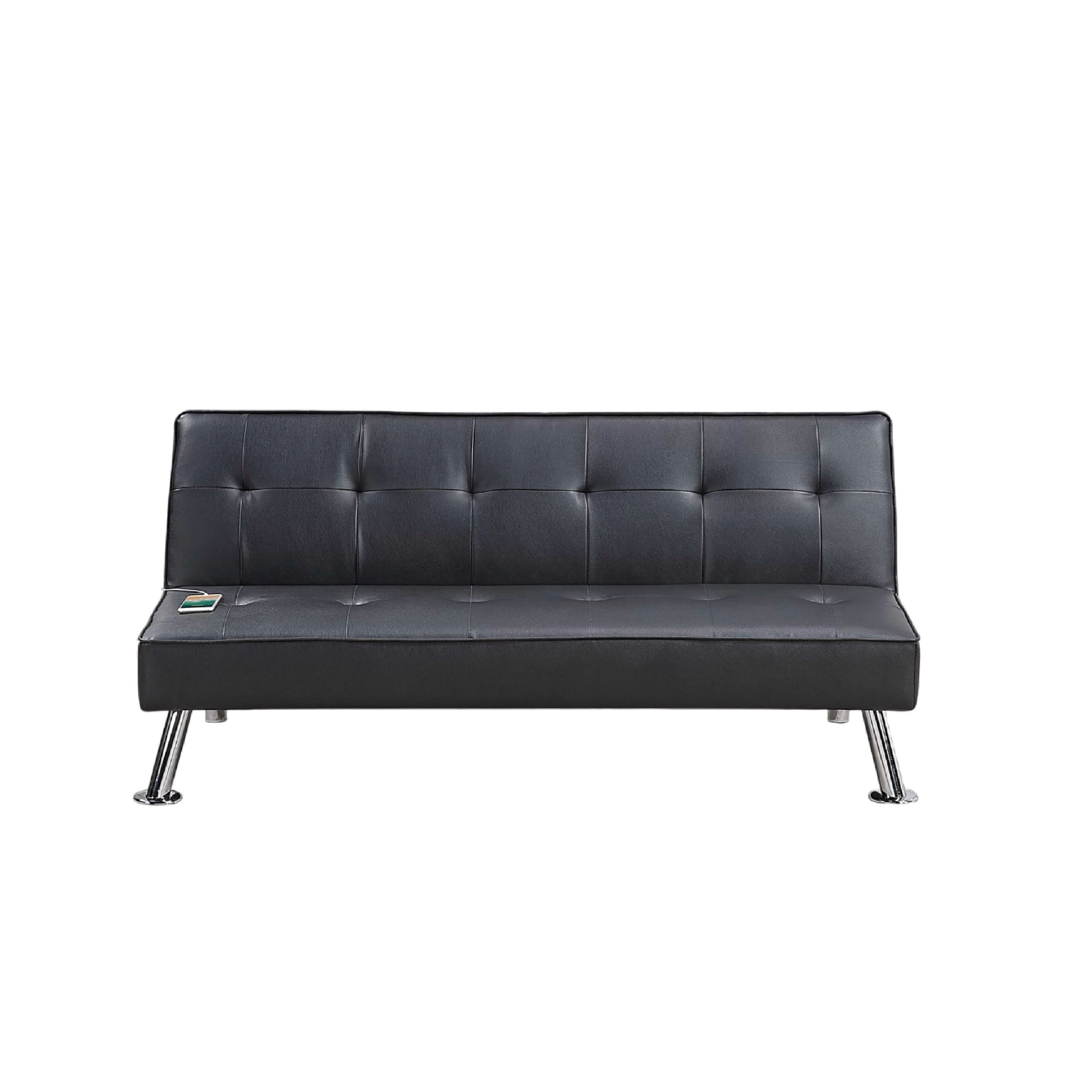 Milana Convertible Sofa Bed Usb Port Black Faux Leather 66 Inch