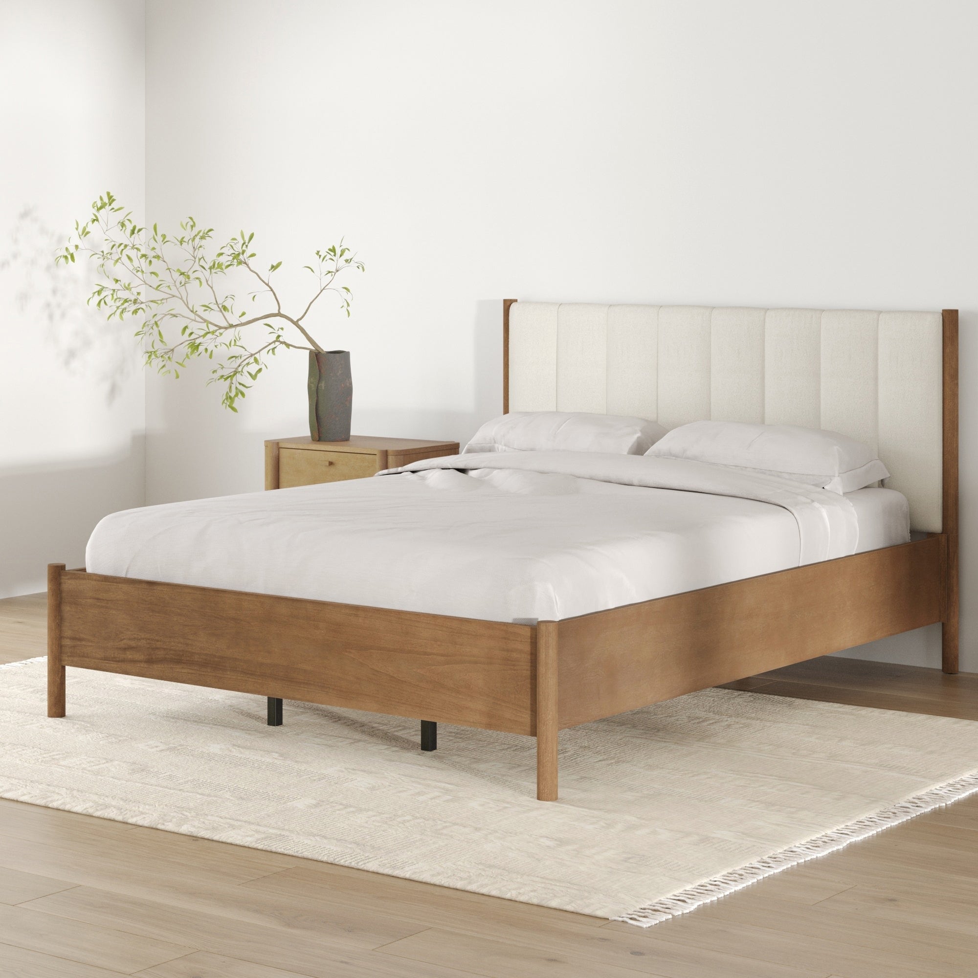 Miles Mid Century Modern Bed Frame Platform Wood Bed Frame With Boucle Headboard