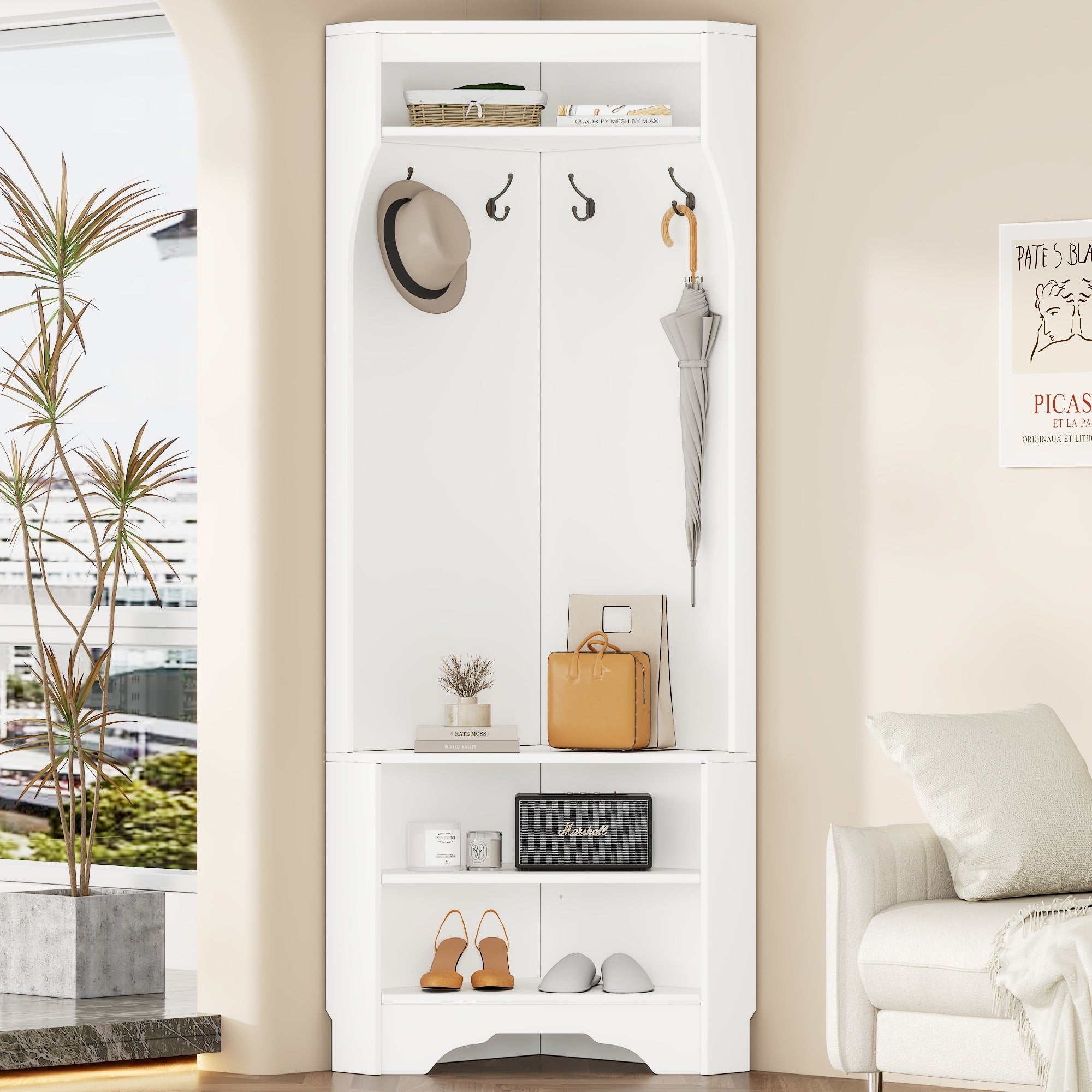 Minimalist Corner Hall Tree With Shoe Bench And 4 Hooks For Entryway