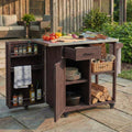 Minimalist Dark Brown Outdoor Kitchen Island Serving Cart With Towel And Spice Racks Patio Storage Cart With Drawer
