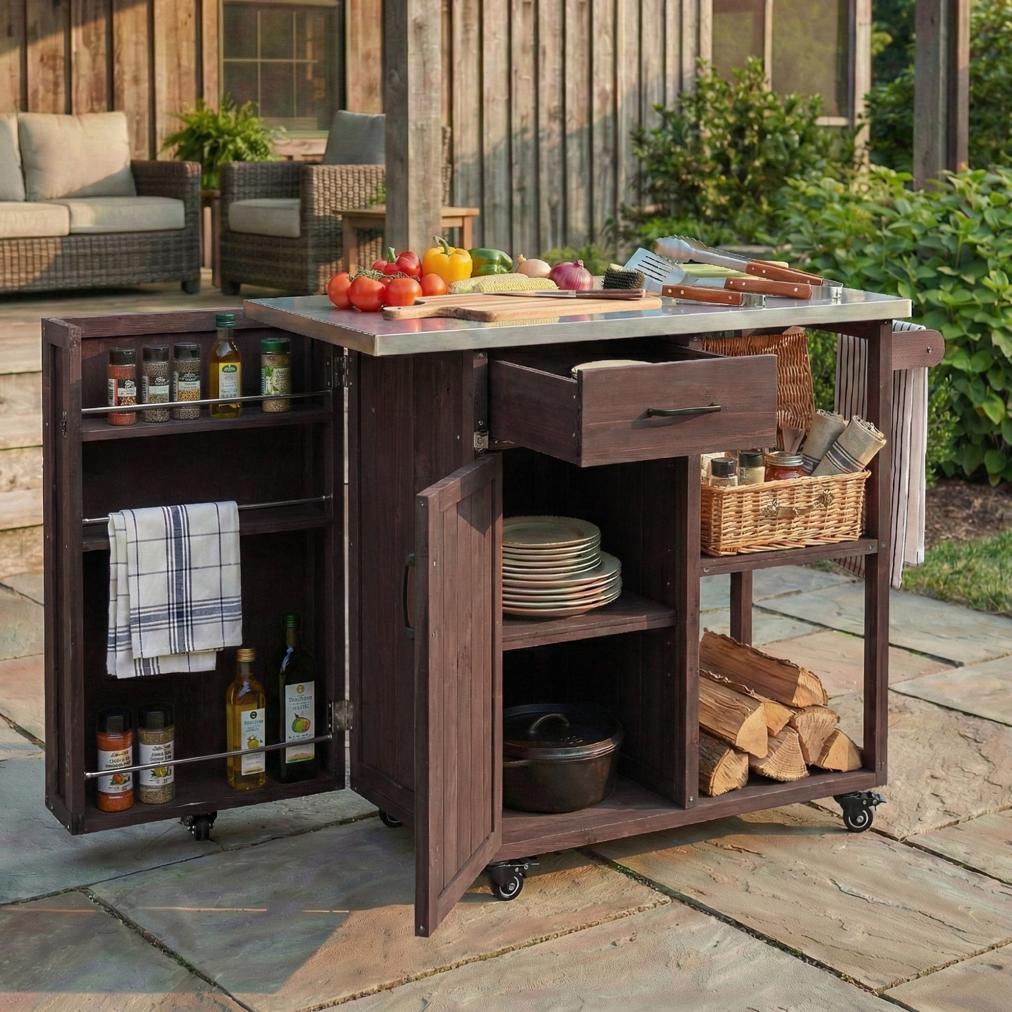 Minimalist Dark Brown Outdoor Kitchen Island Serving Cart With Towel And Spice Racks Patio Storage Cart With Drawer