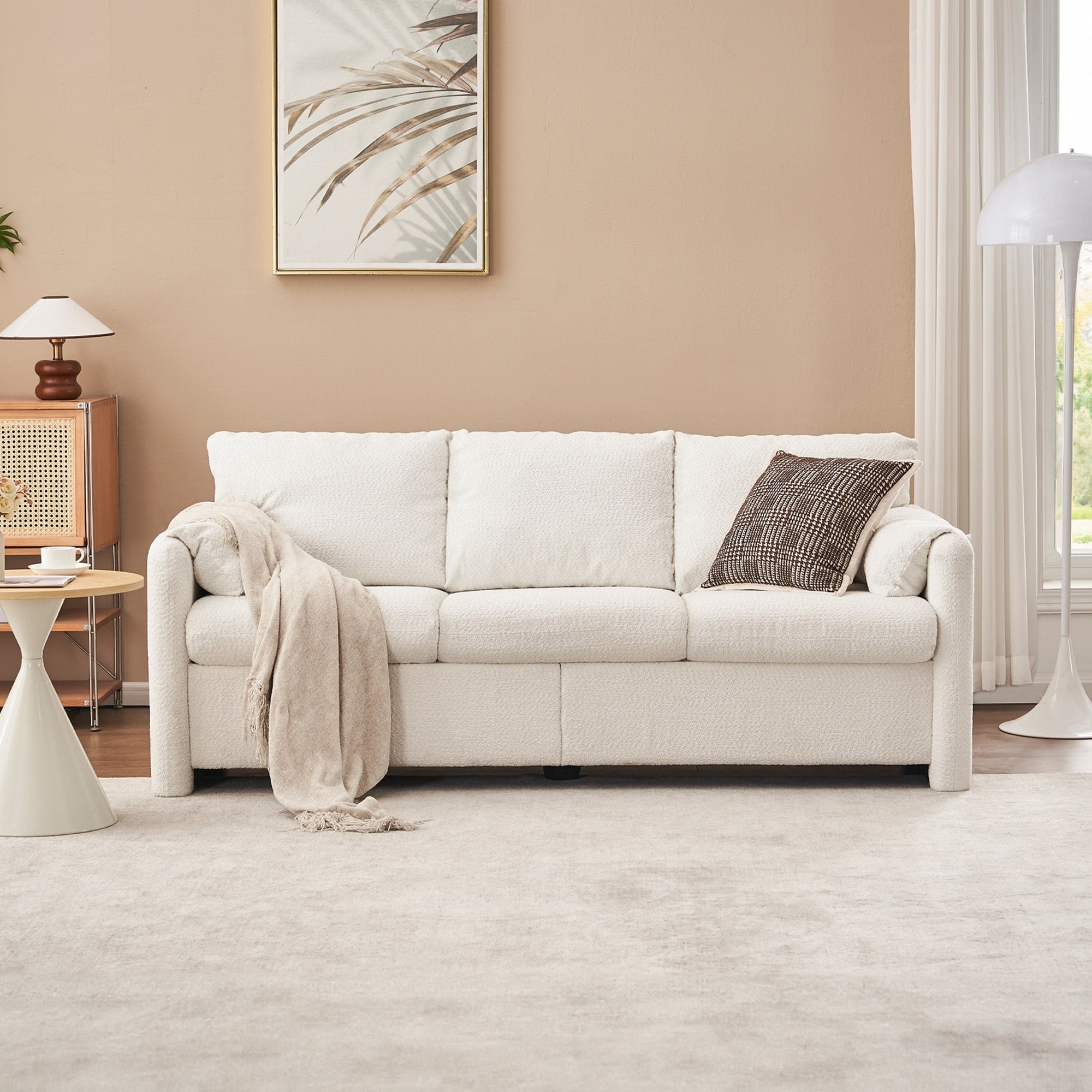 Minimalist Ergonomic 3 Seater Sofa Couch With Armrests Ivory White Sleeper Sofa Couch For Living Room Bedroom