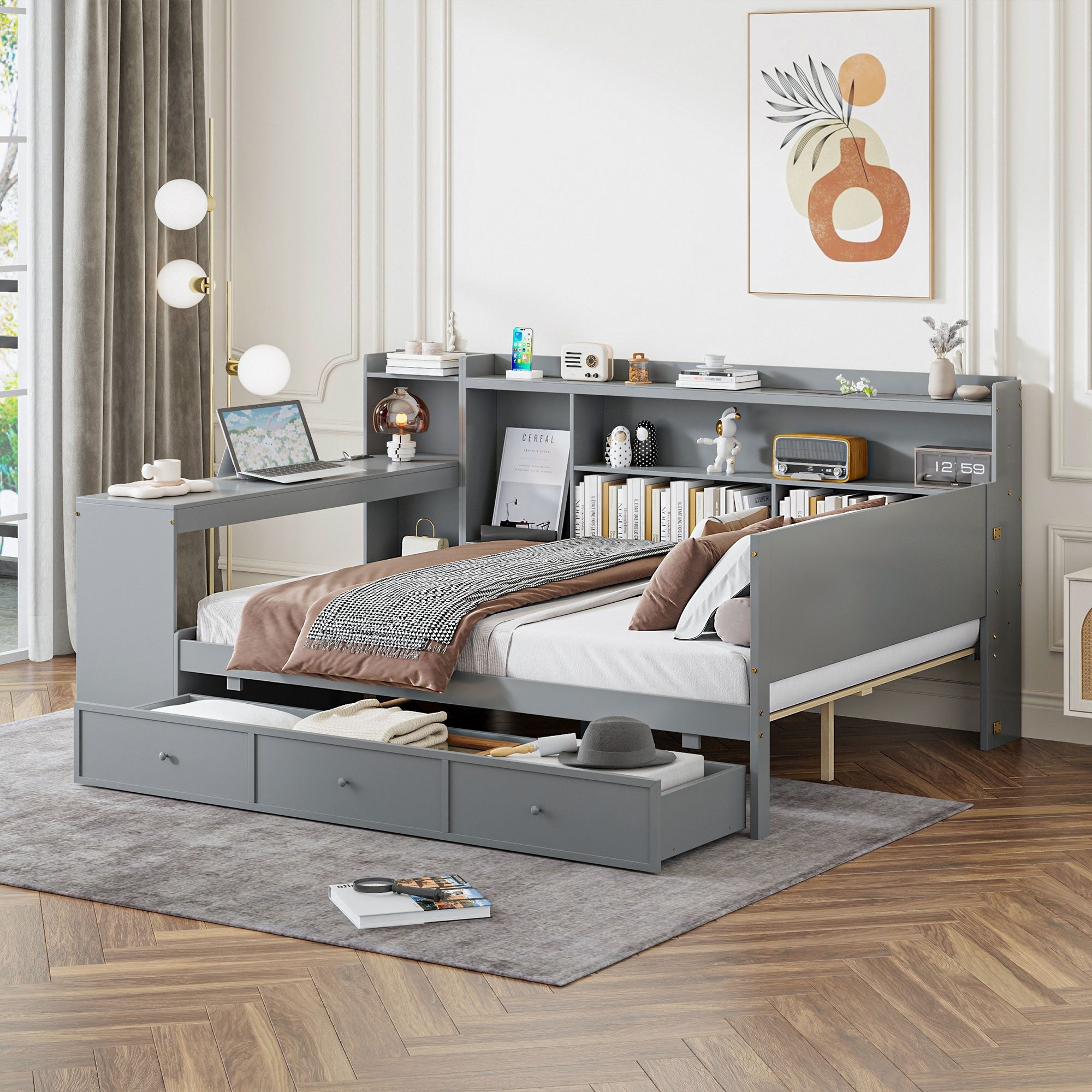 Minimalist Full Size Wooden Daybed With Drawers Usb Ports