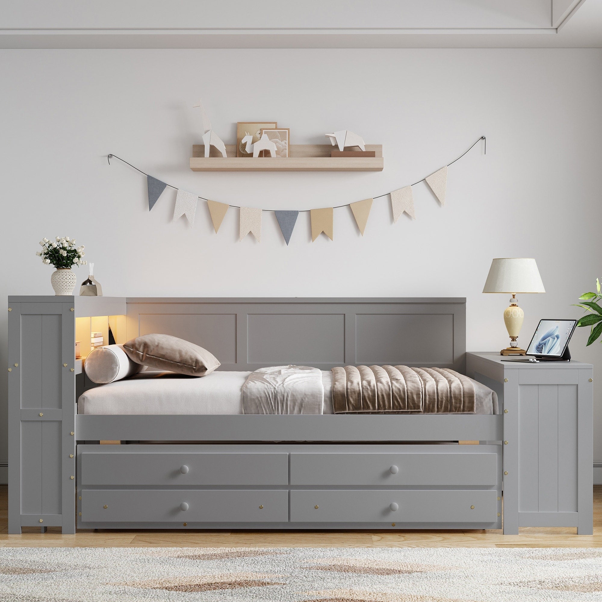 Minimalist Gray Full Size Daybed With Trundle Drawers