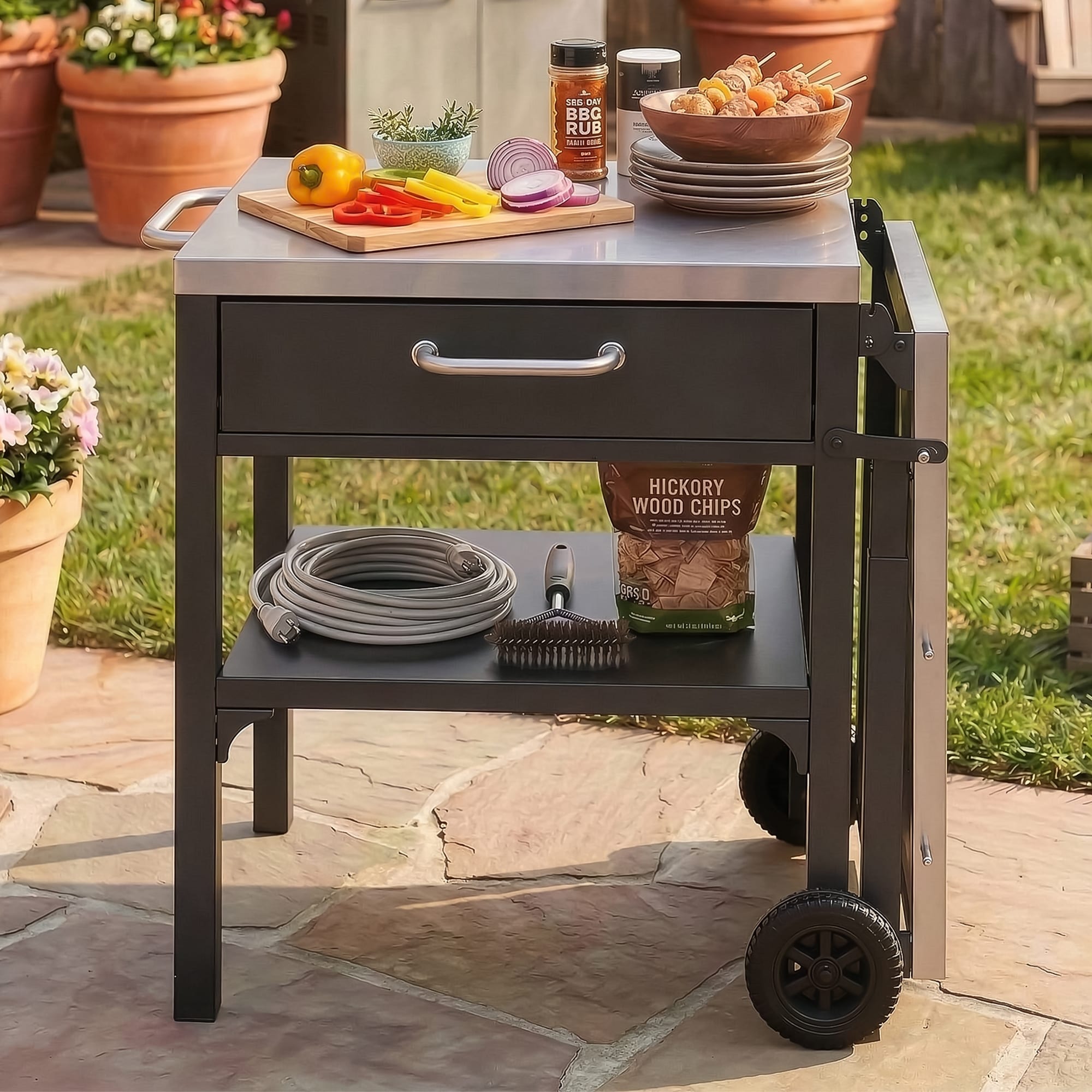 Minimalist Grill Cart Serving Cart With Foldable Top Rolling Kitchen Island With Storage Space And Drawer