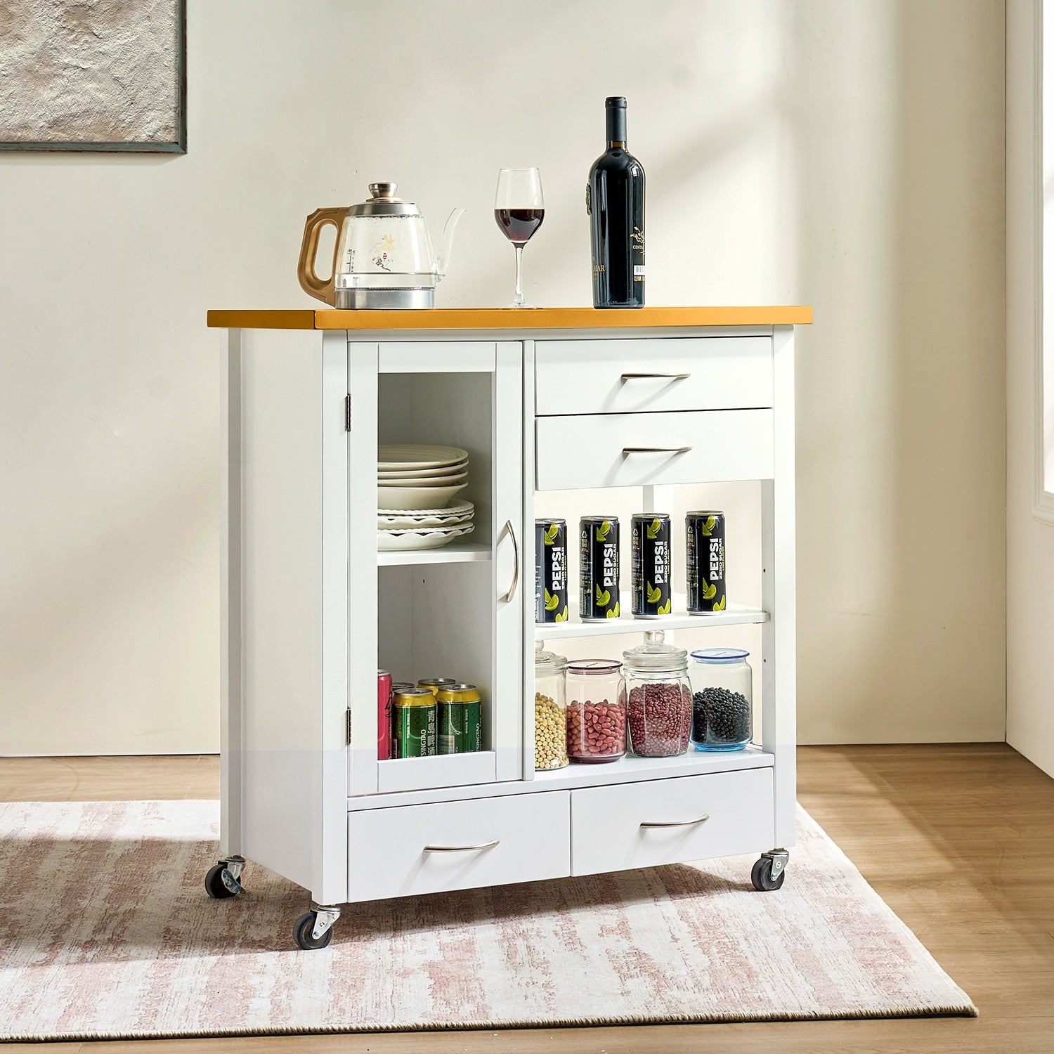 Minimalist Kitchen Island With 4 Drawers Open Shelves Ameican White Oak Rolling Kitchen Cart With Glass Cabinet