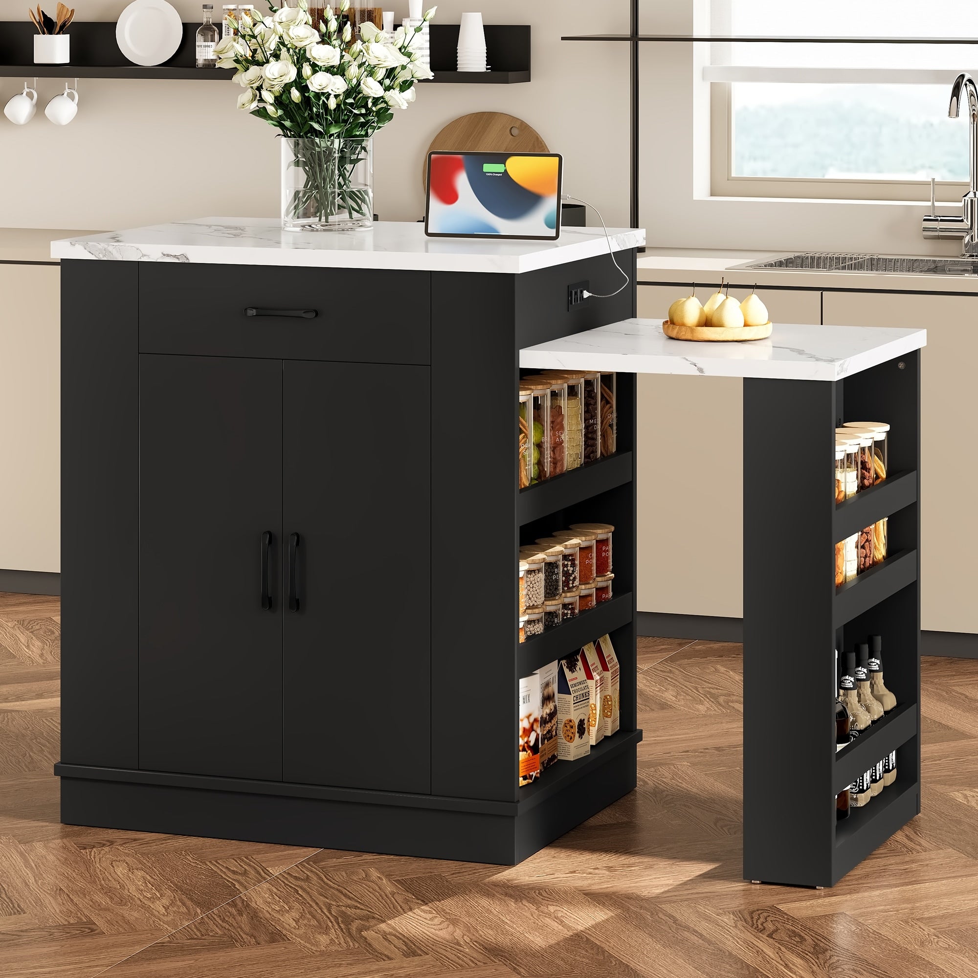 Minimalist Kitchen Island With Extendable Countertop Storage Black Rolling Kitchen Cart With Drawers