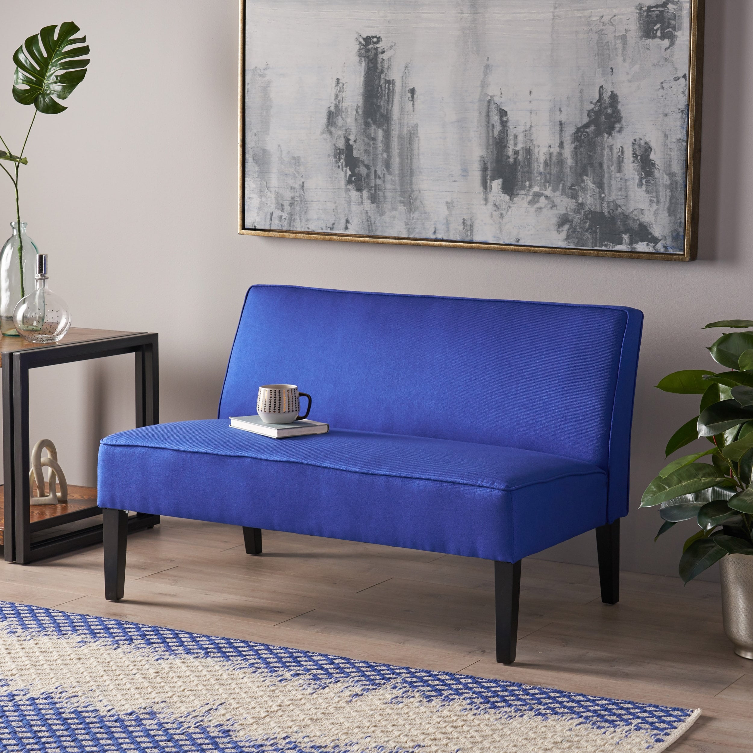 Minimalist Linen Upholstered Sofa Couch With Wood Frame Navy Blue Living Room Loveseat 2 Seater Sofa Settee Couch