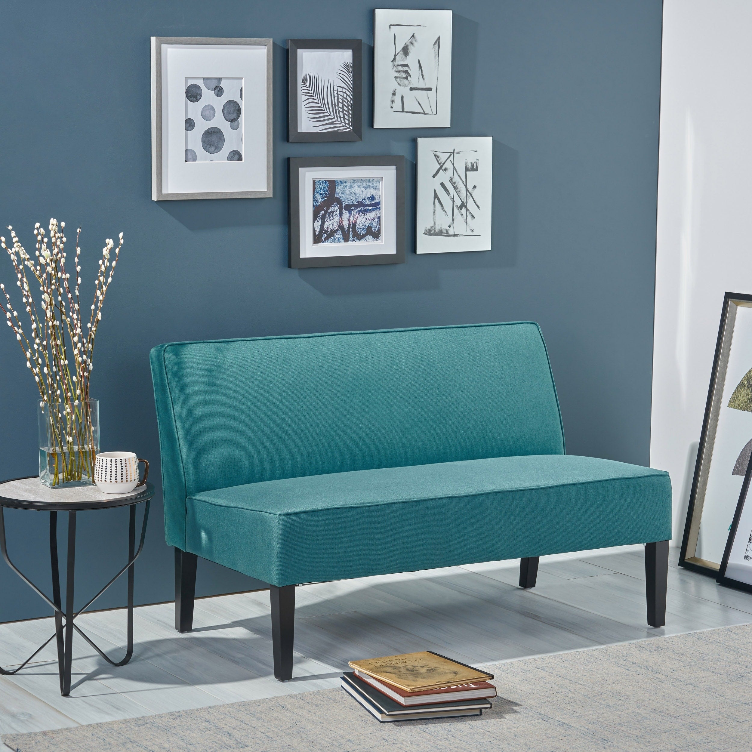Minimalist Linen Upholstered Sofa Couch With Wood Frame Teal Living Room Loveseat 2 Seater Sofa Settee Couch