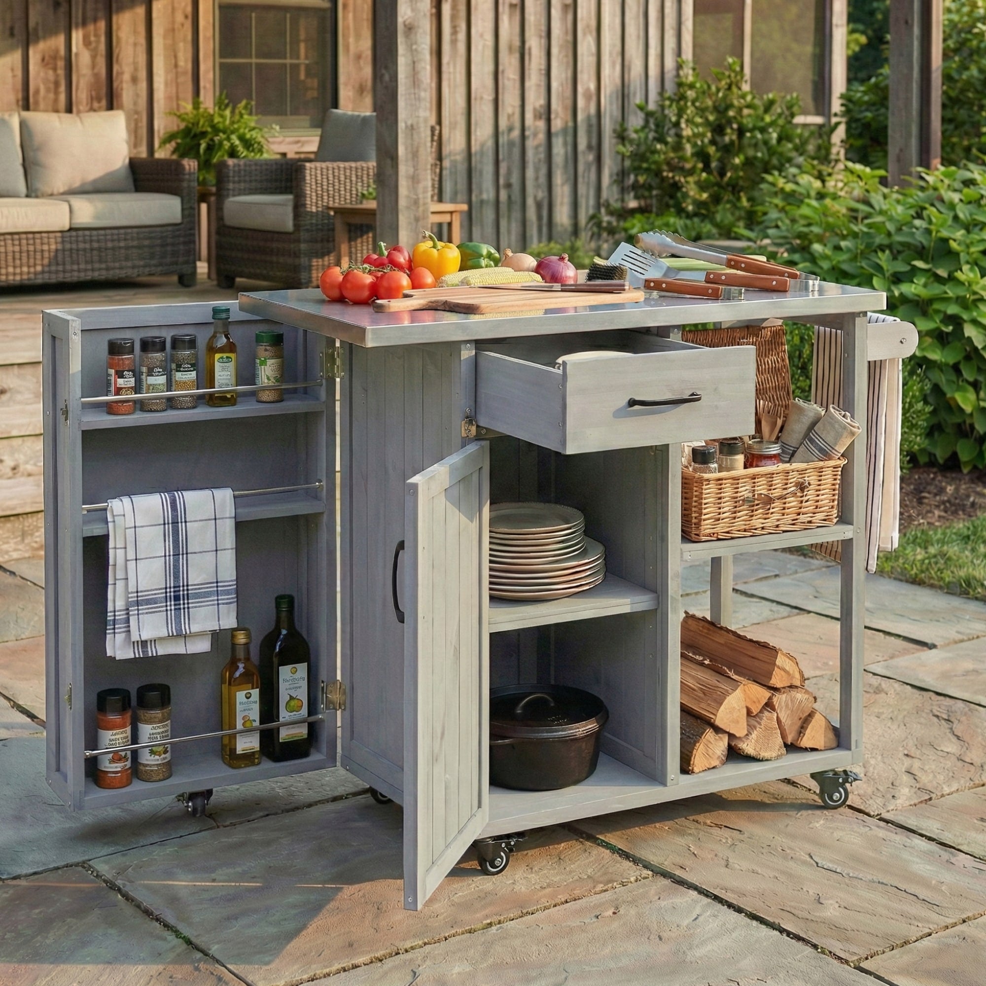 Minimalist Outdoor Kitchen Island Serving Cart With Towel And Spice Racks Patio Storage Cart With Drawer