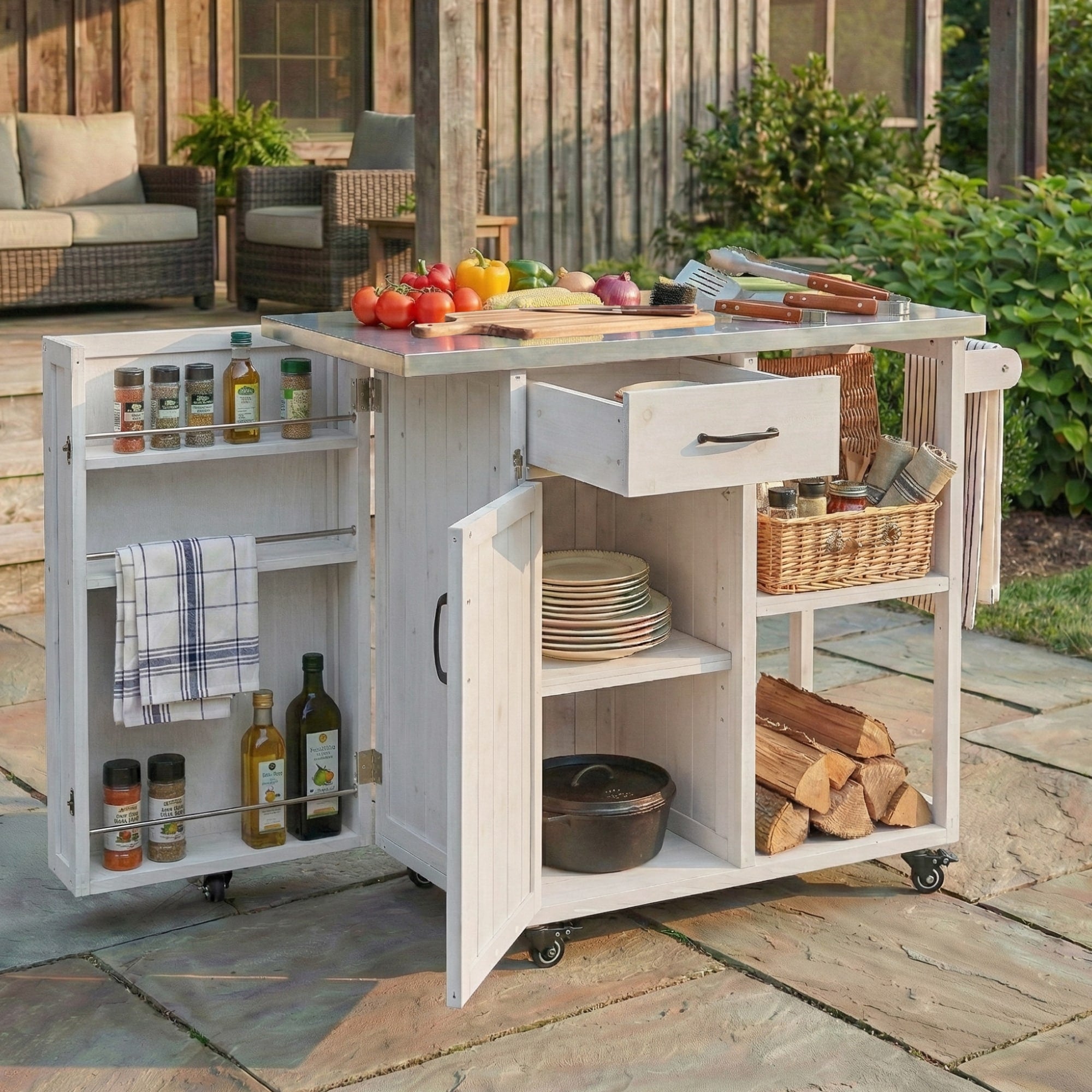 Minimalist Outdoor Kitchen Island Serving Cart With Towel And Spice Racks White Patio Storage Cart With Drawer