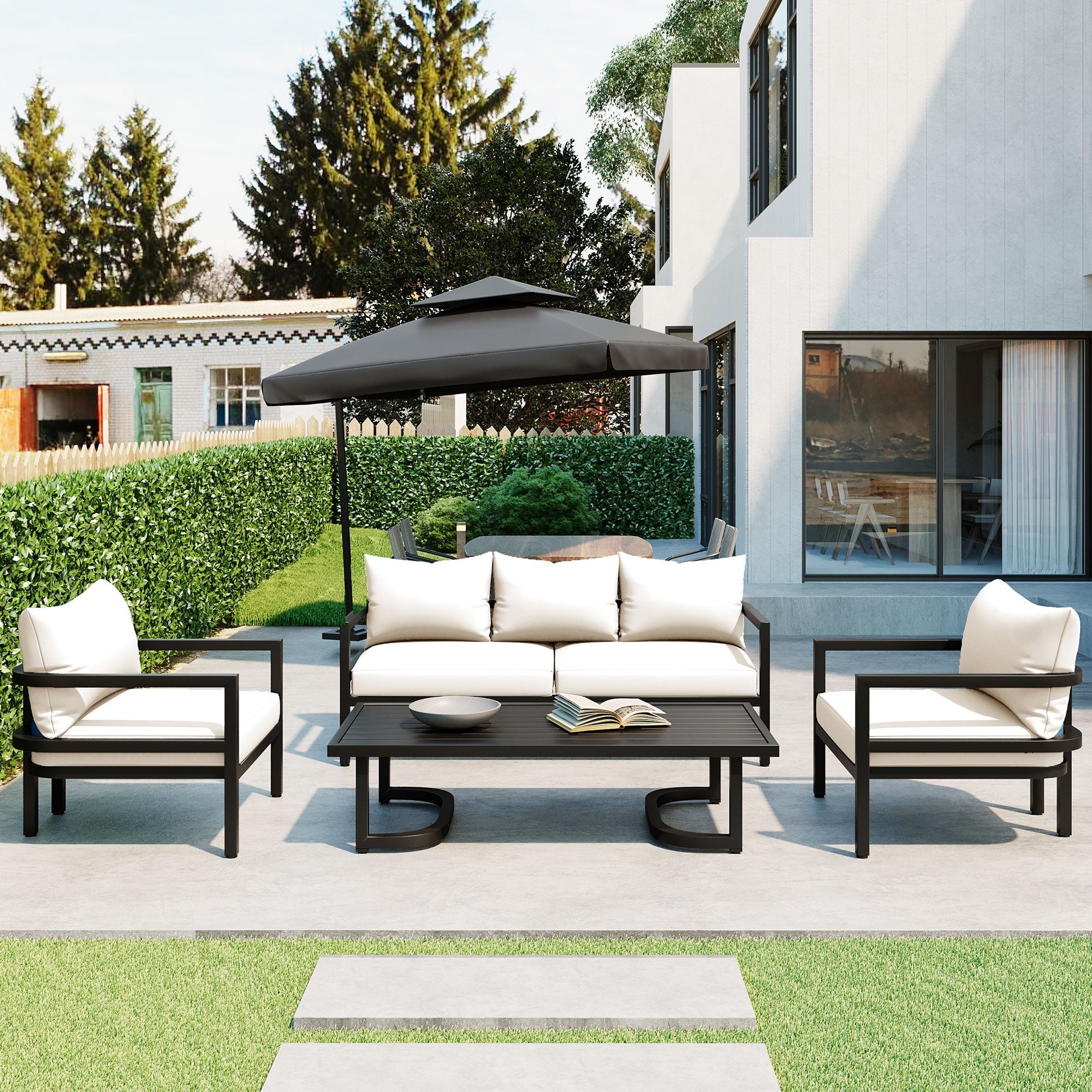 Minimalist Outdoor Sofa Set With Loveseat Club Chairs Patio Conversation Set With Coffee Table For Garden Lawn