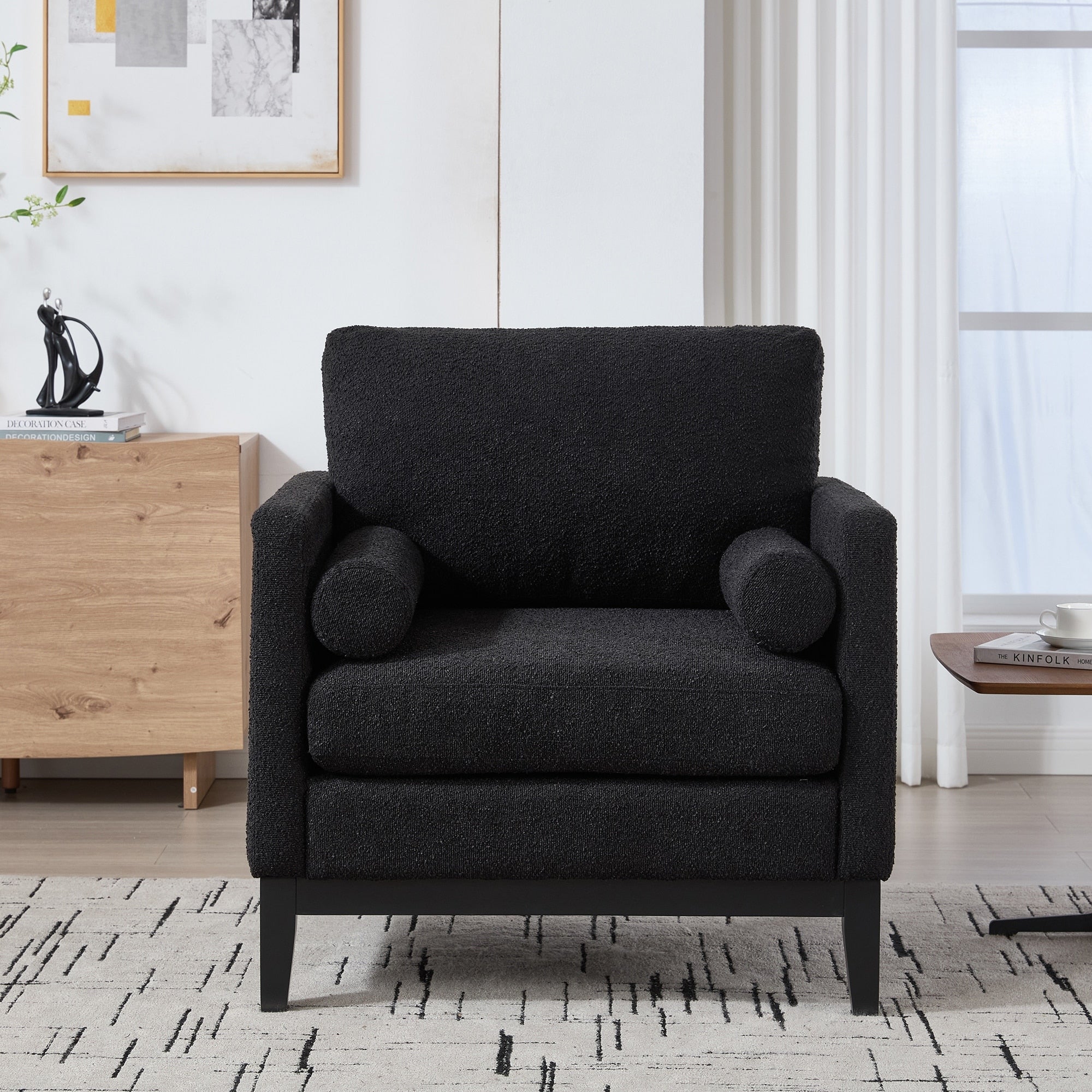 Minimalist Reading Armchair Single Sofa With Two Pillows Black Side Chair Dressing Chair Upholstered Chair