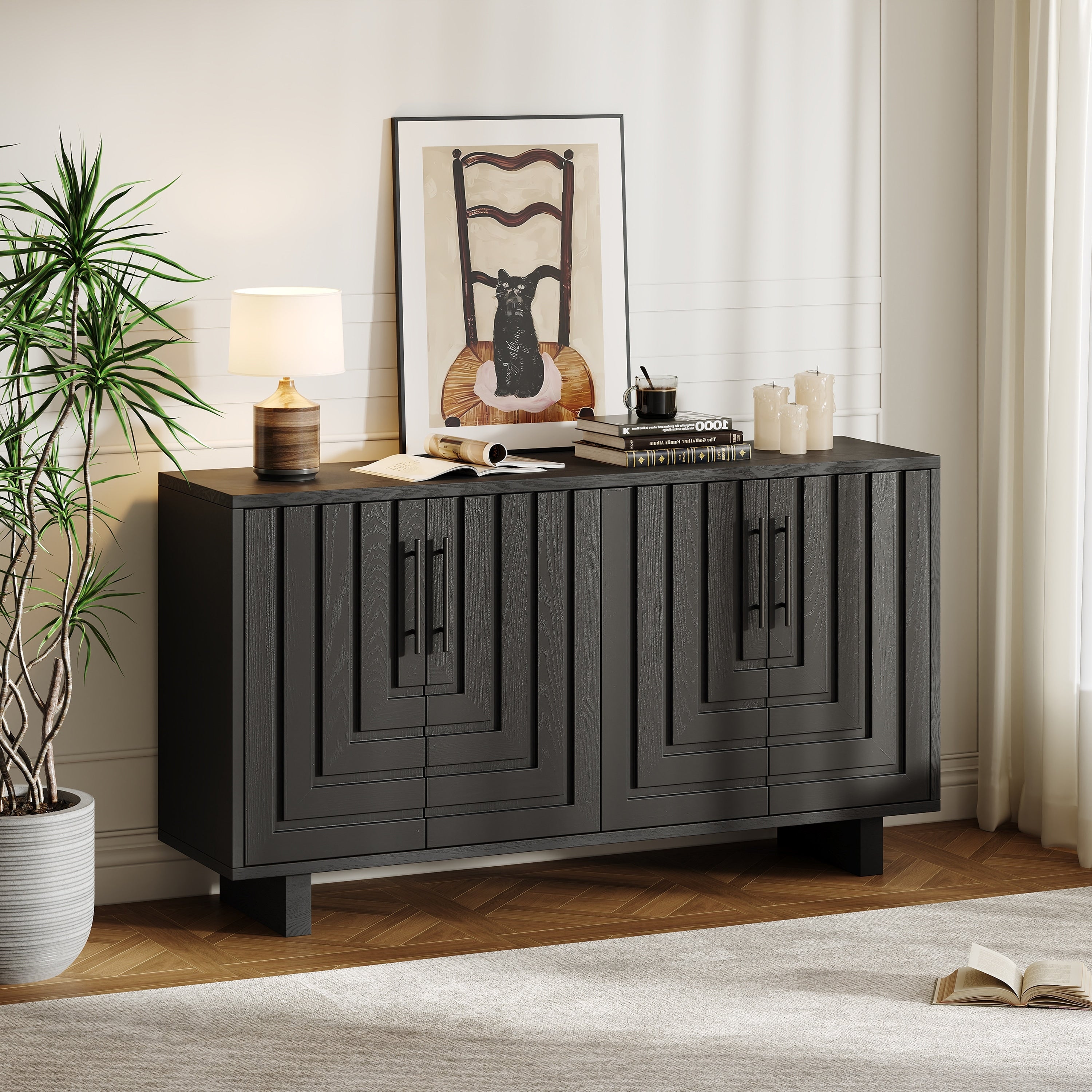 Minimalist Sideboard Buffet Cabinet With 4 Doors Black Storage Cabinet Base Cabinet Hallway Cabinet