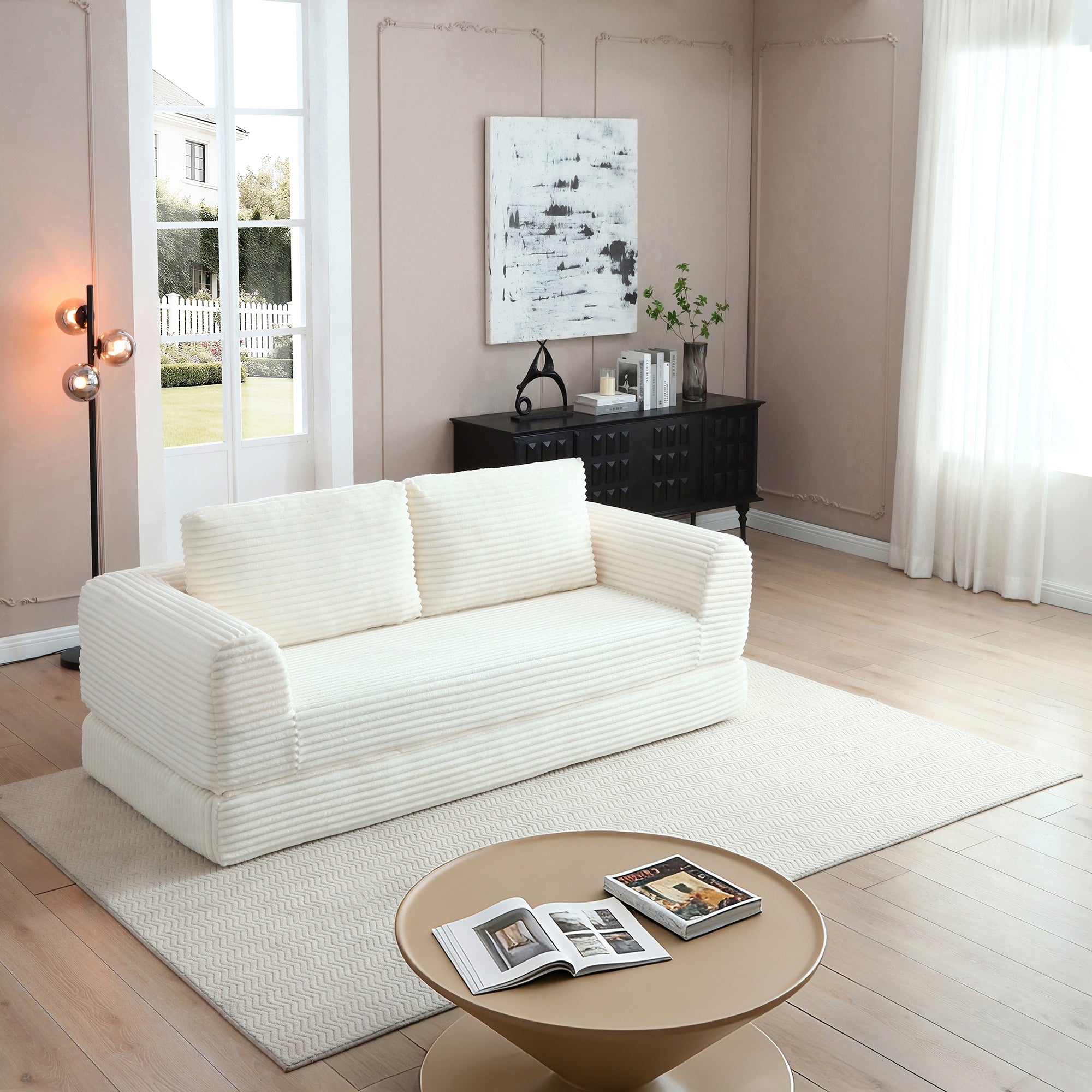 Minimalist Sofa Bed Beige Sleeper Sofa Couch With 2 Pillows 3 Seater Sofa Couch With Armrests For Living Room