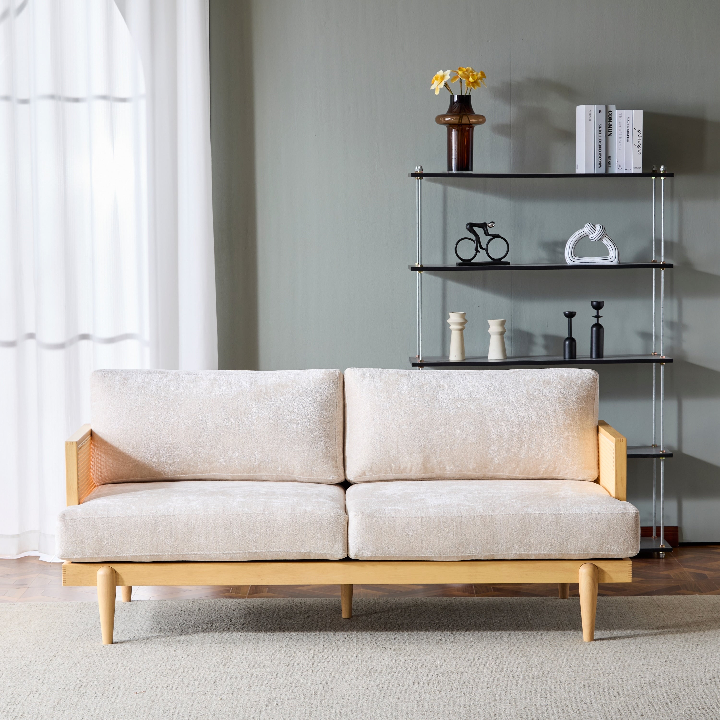 Minimalist Sofa Couch With Rattan Armrests 3 Seater Sofa Couch Natural Beige Settee Couch With Wood Legs