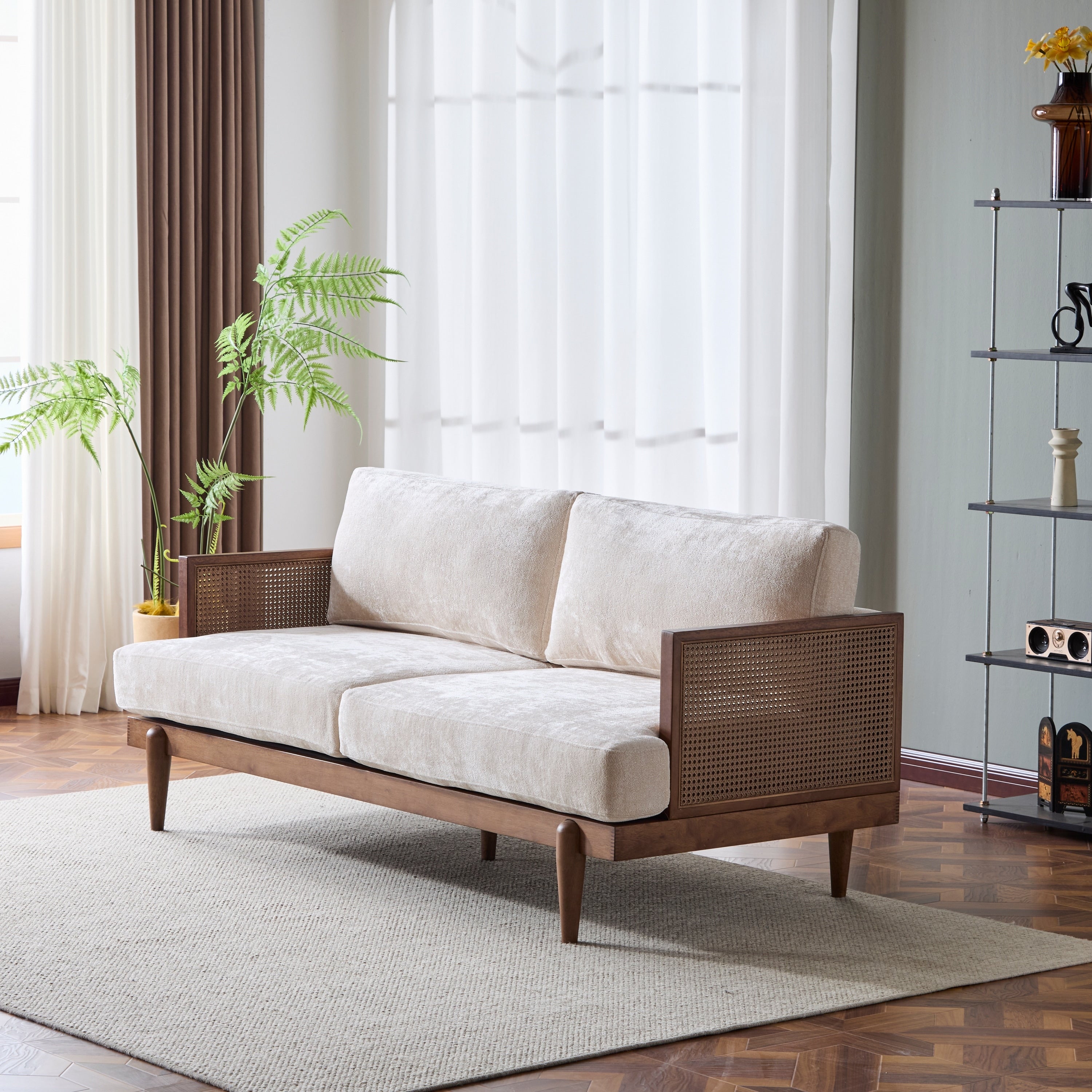 Minimalist Sofa Couch With Rattan Armrests 3 Seater Sofa Couch Walnut Settee Couch With Wooden Frame