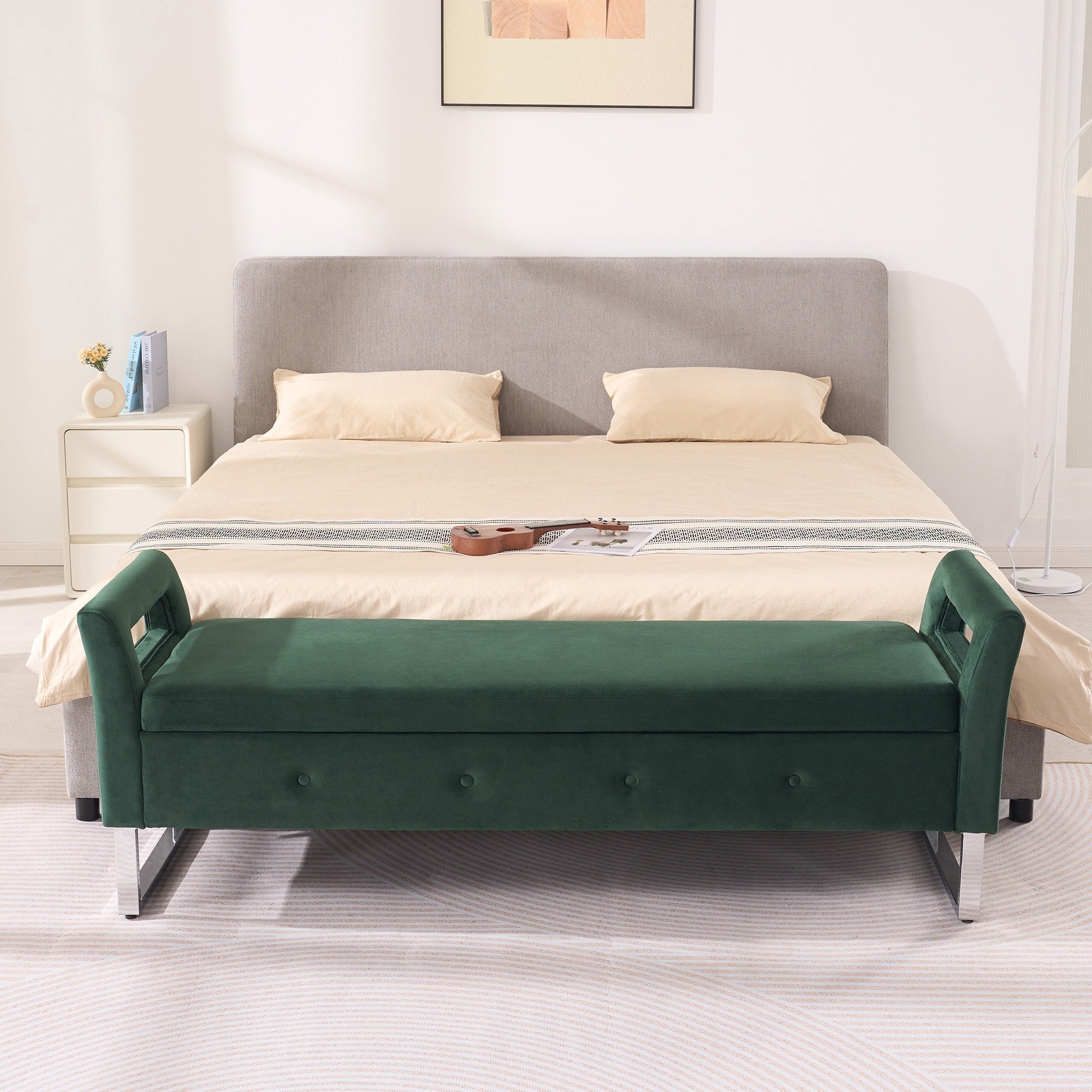 Minimalist Storage Bench End Of Bed Bench With Armrests Upholstered Bench Green Corridor Bench Indoor Bench