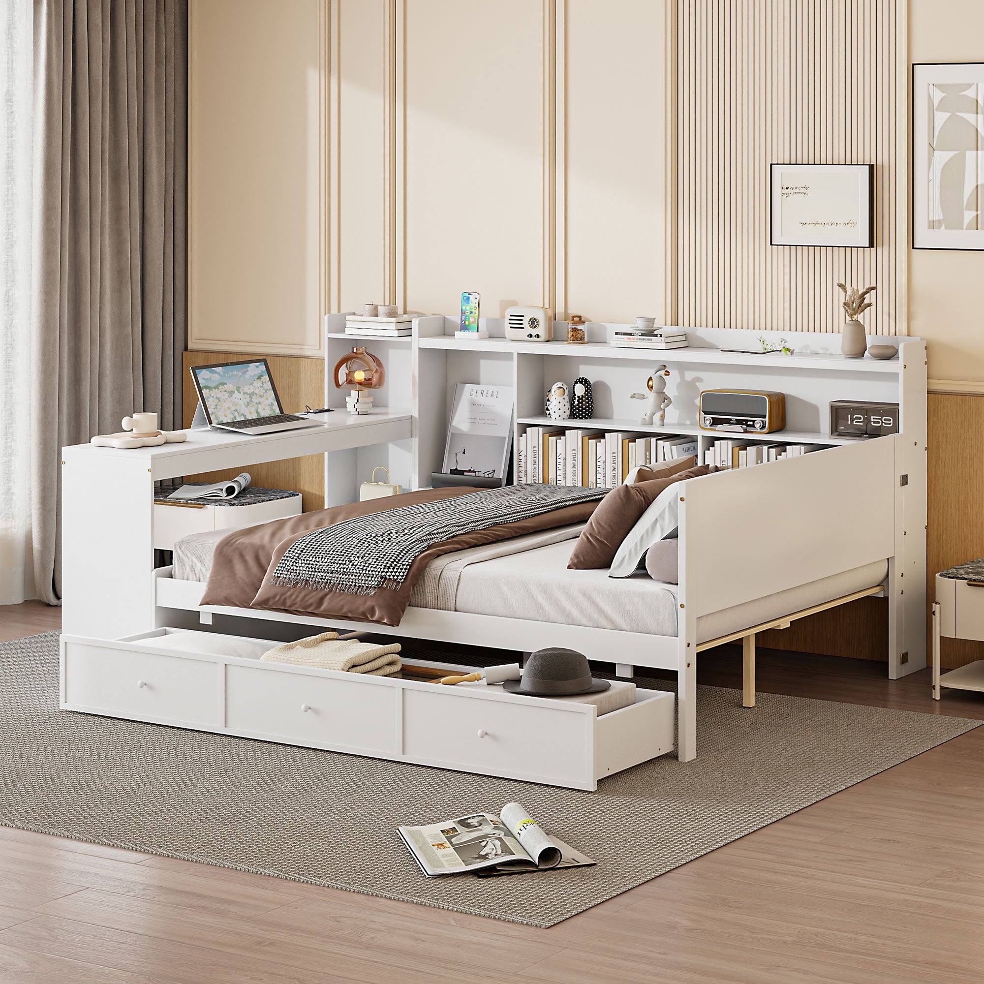 Minimalist White Full Size Wooden Daybed With Drawers Usb Ports