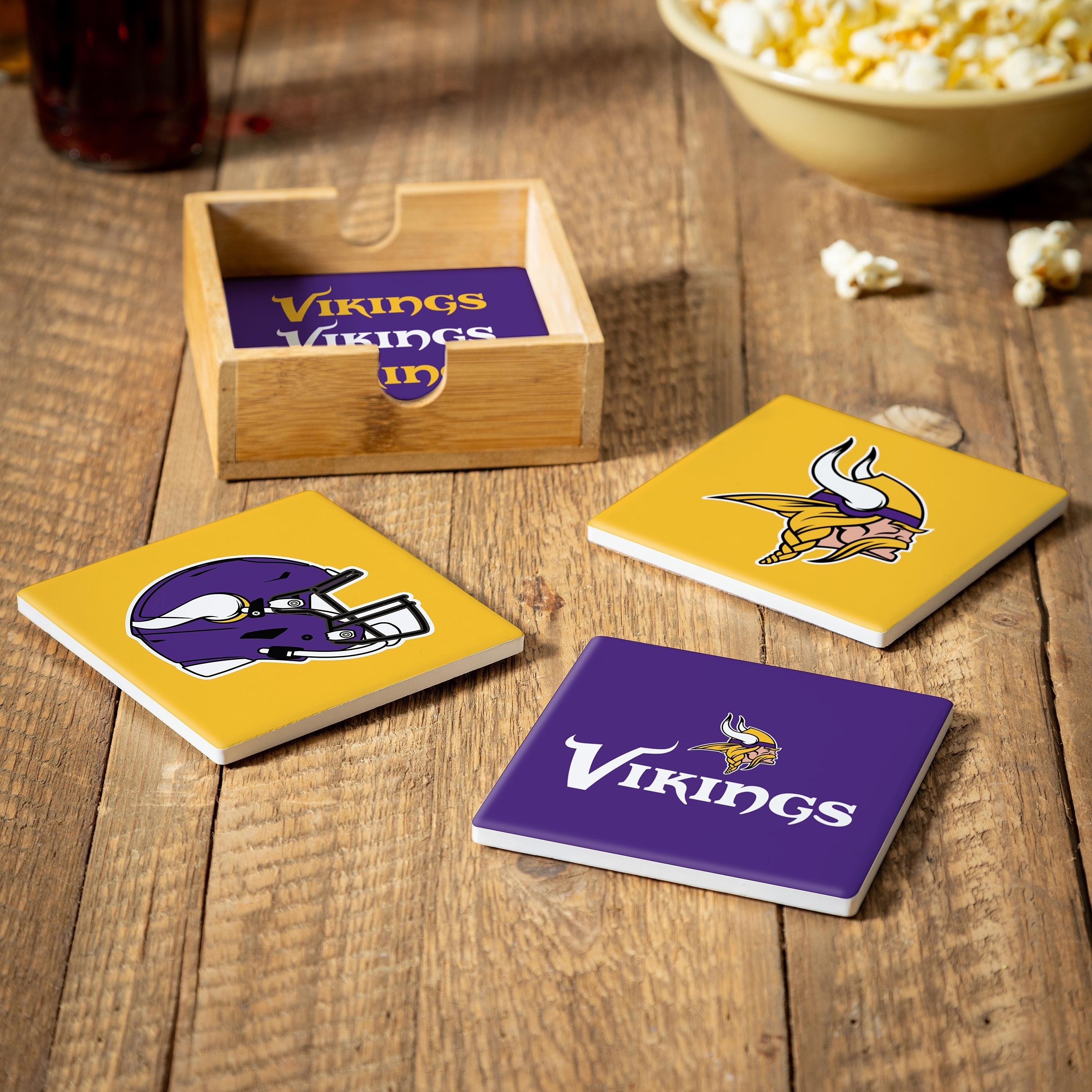 Minnesota Vikings 4 Piece Ceramic Coasters Set With Wood Caddy