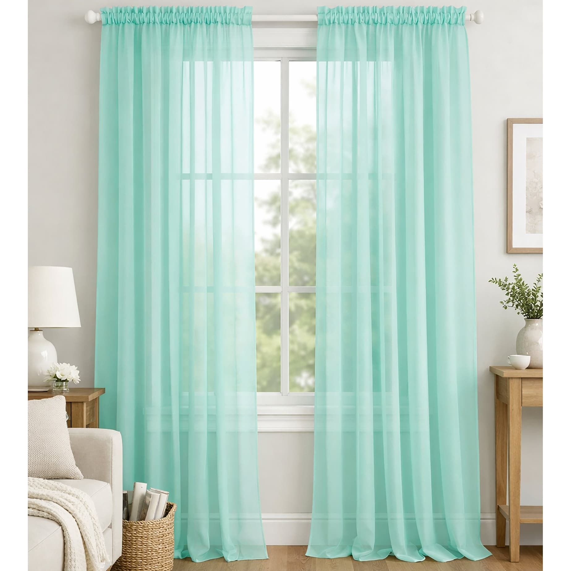 Mint Sheer Window Rod Pocket Curtain Set 90 Inches Long 2 Panels