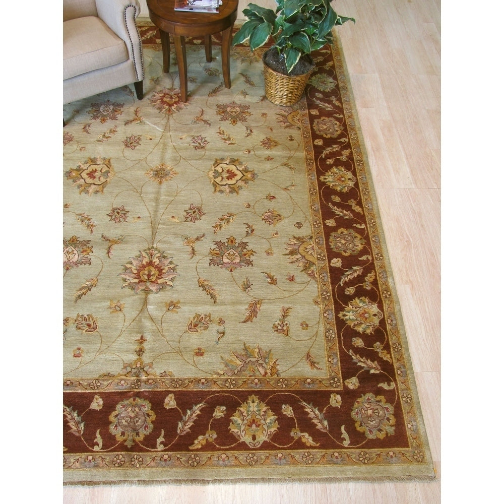 Mint Green Brown Hand Knotted Wool Traditional Agra Rug 9 X 1110