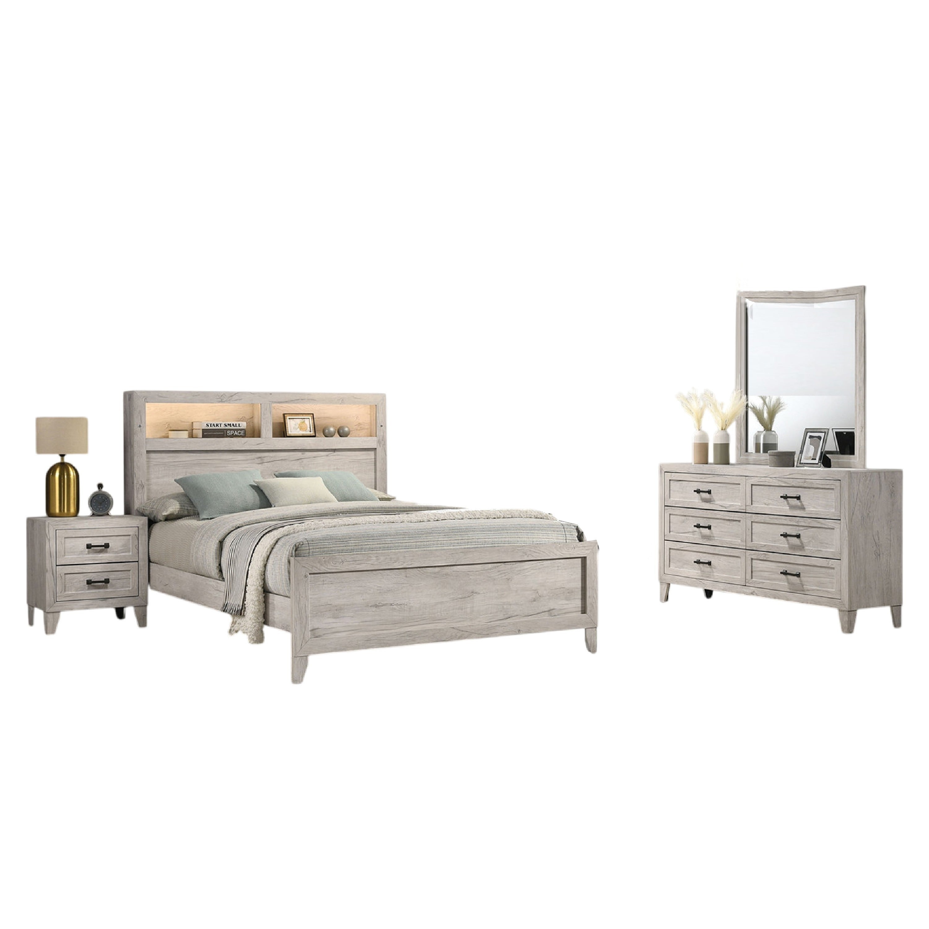 Miot 4Pc Queen Bedroom Set Headboard Shelves W Light Whitewash