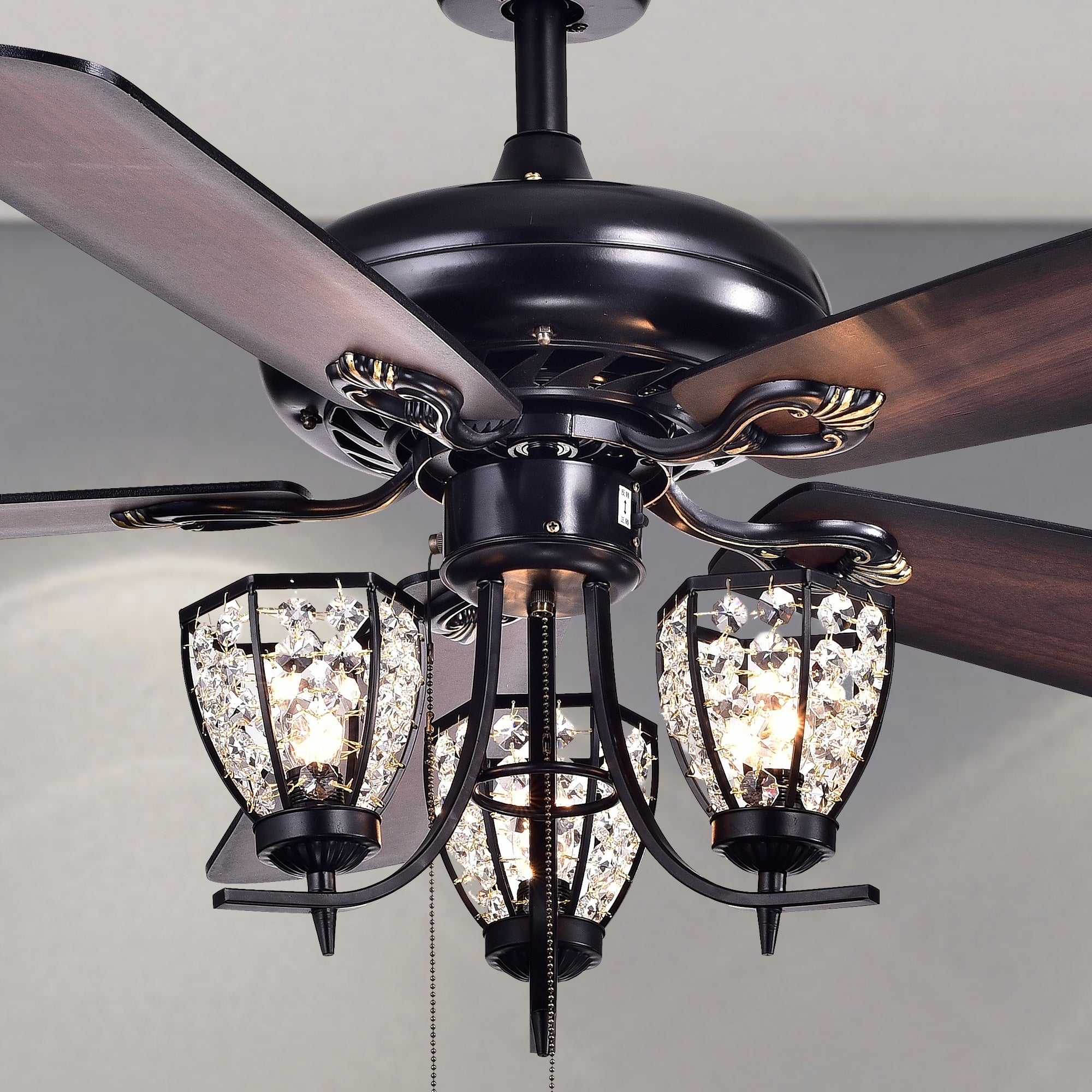 Mirabelle 3 Light 5 Blade 52 Inch Black Metal And Crystal Lighted Ceiling Fan Optional Remote