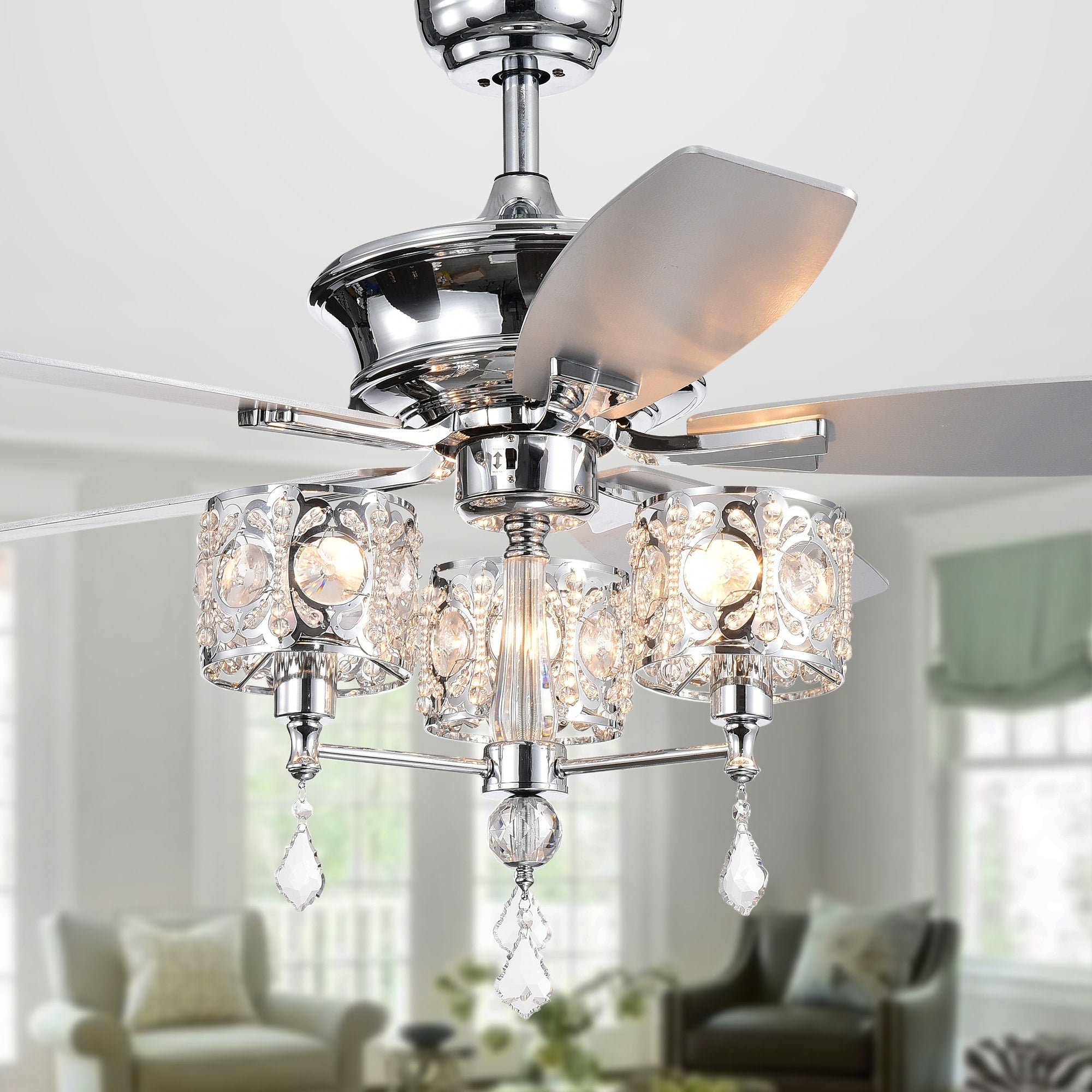 Miramis 5 Blade 52 Inch Chrome Lighted Ceiling Fan With Crystal Chalice Chandelier Remote Controlled