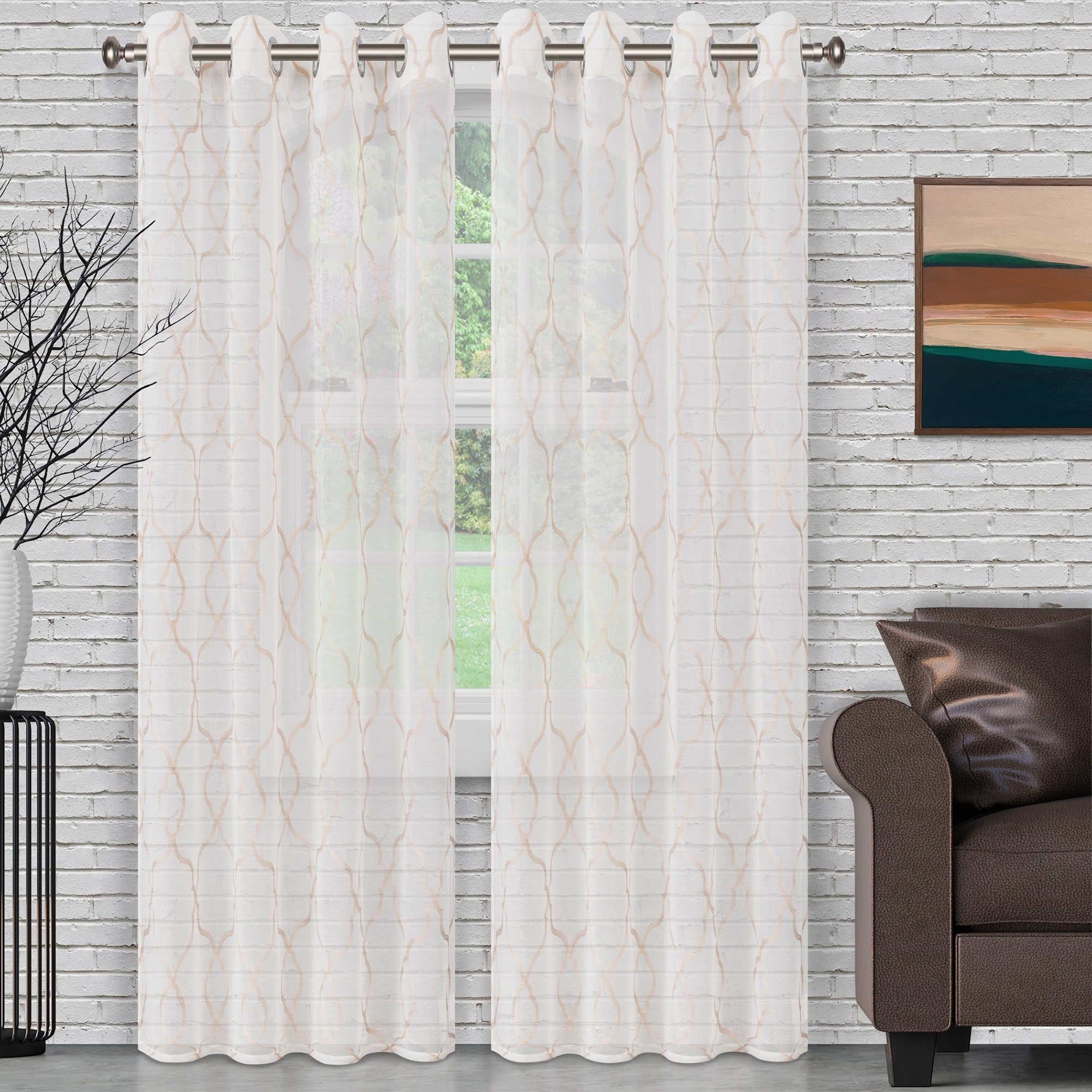 Superior Embroidered Lattice Sheer Grommet Curtain Panel Pair